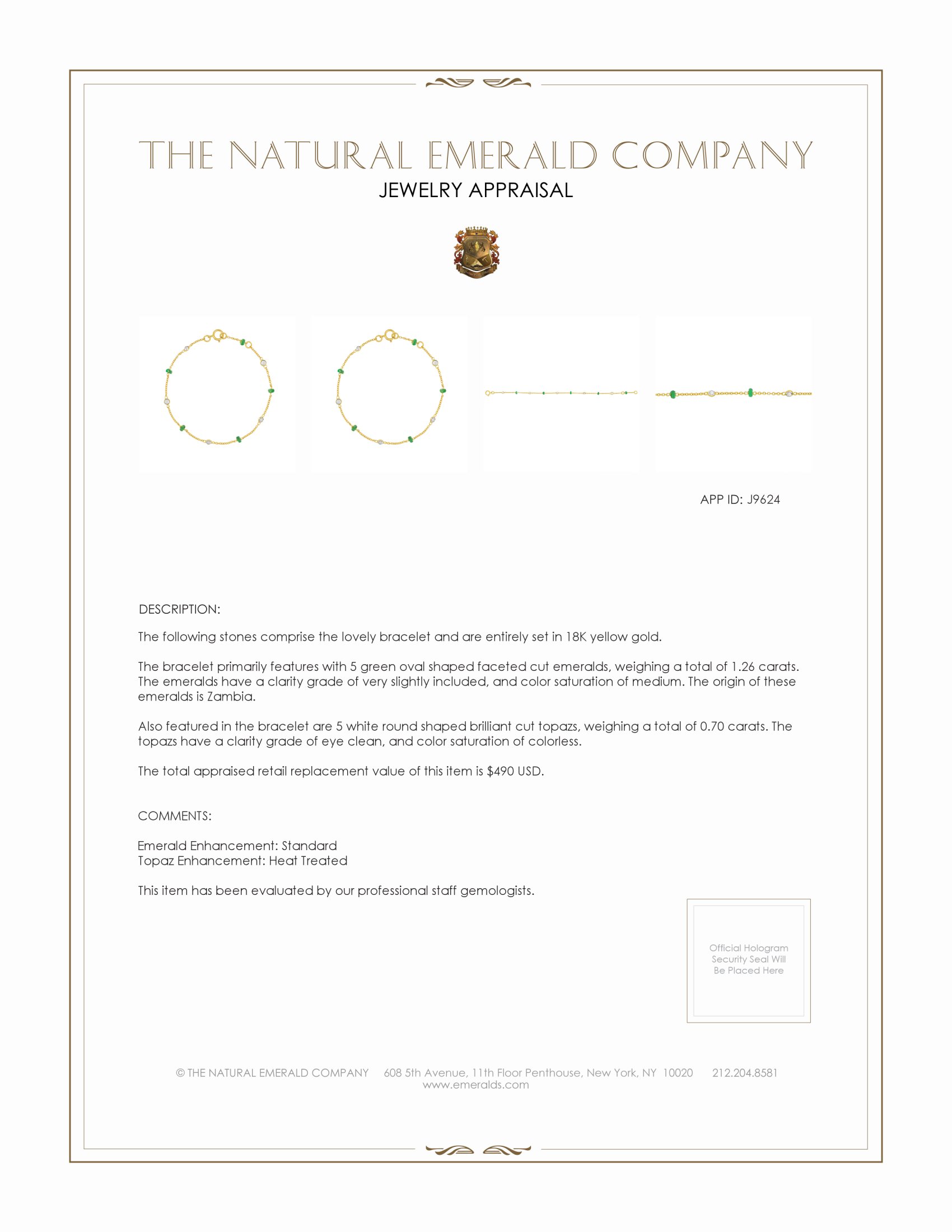 1.26 Ct.Tw. Emerald and White Topaz Accent Stones Bracelet, 18K Yellow Gold