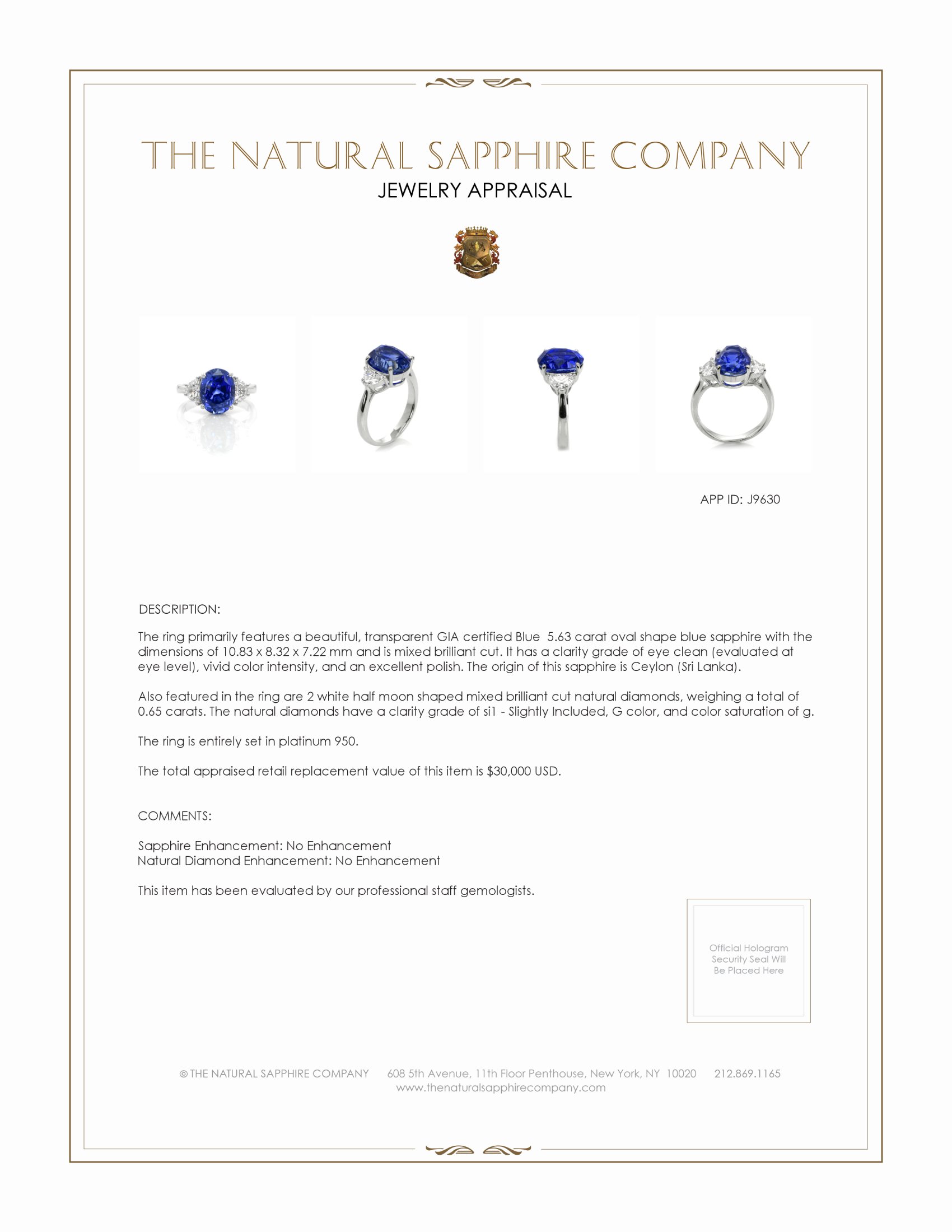 5.63 Ct. Blue Sapphire and Natural Diamond Three Stone Ring, Platinum 950