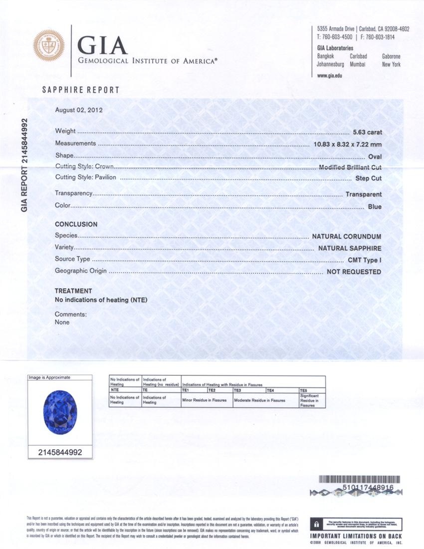 5.63 Ct. Blue Sapphire and Natural Diamond Three Stone Ring, Platinum 950