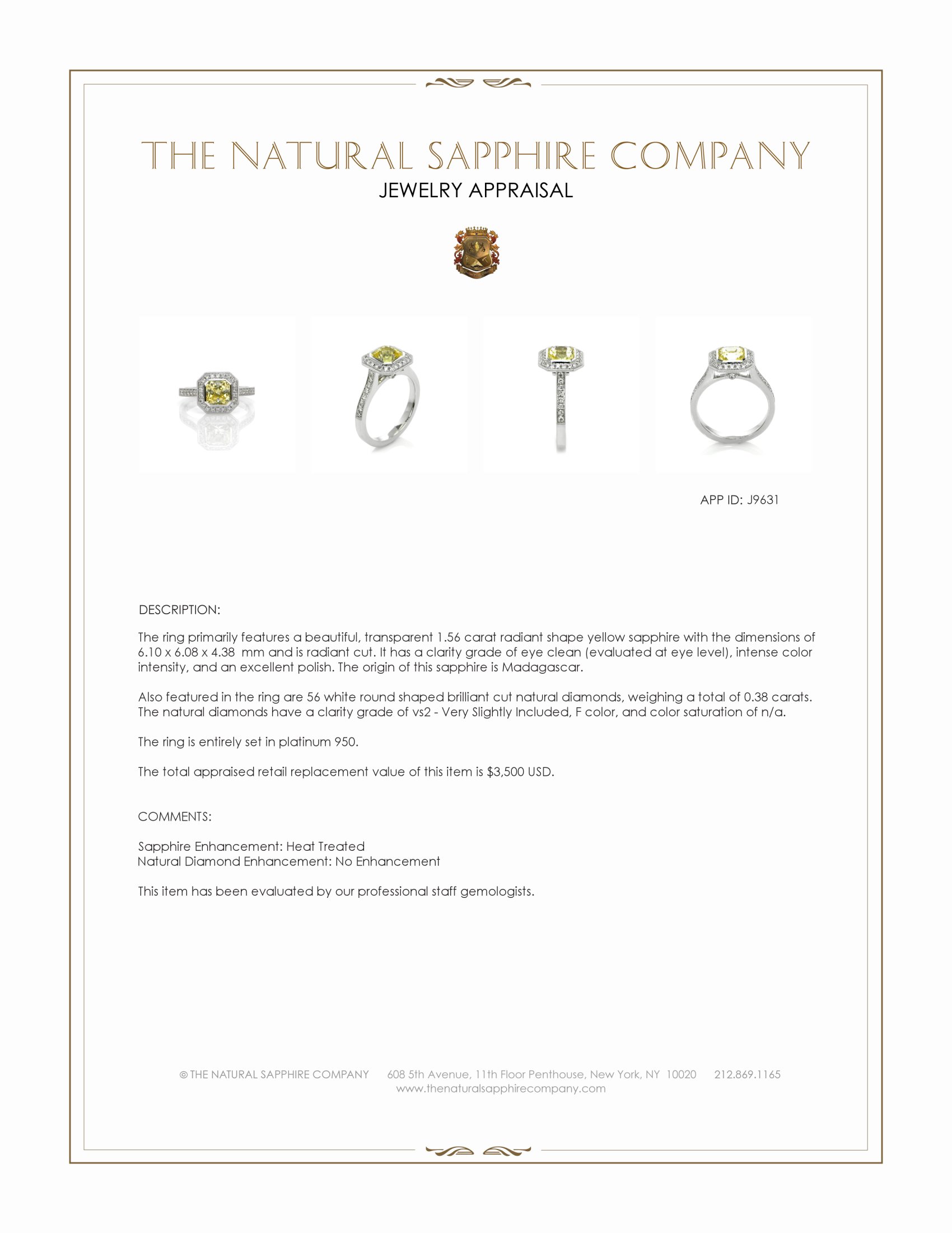 1.56 Ct. Yellow Sapphire and Natural Diamond Pave Ring, Platinum 950