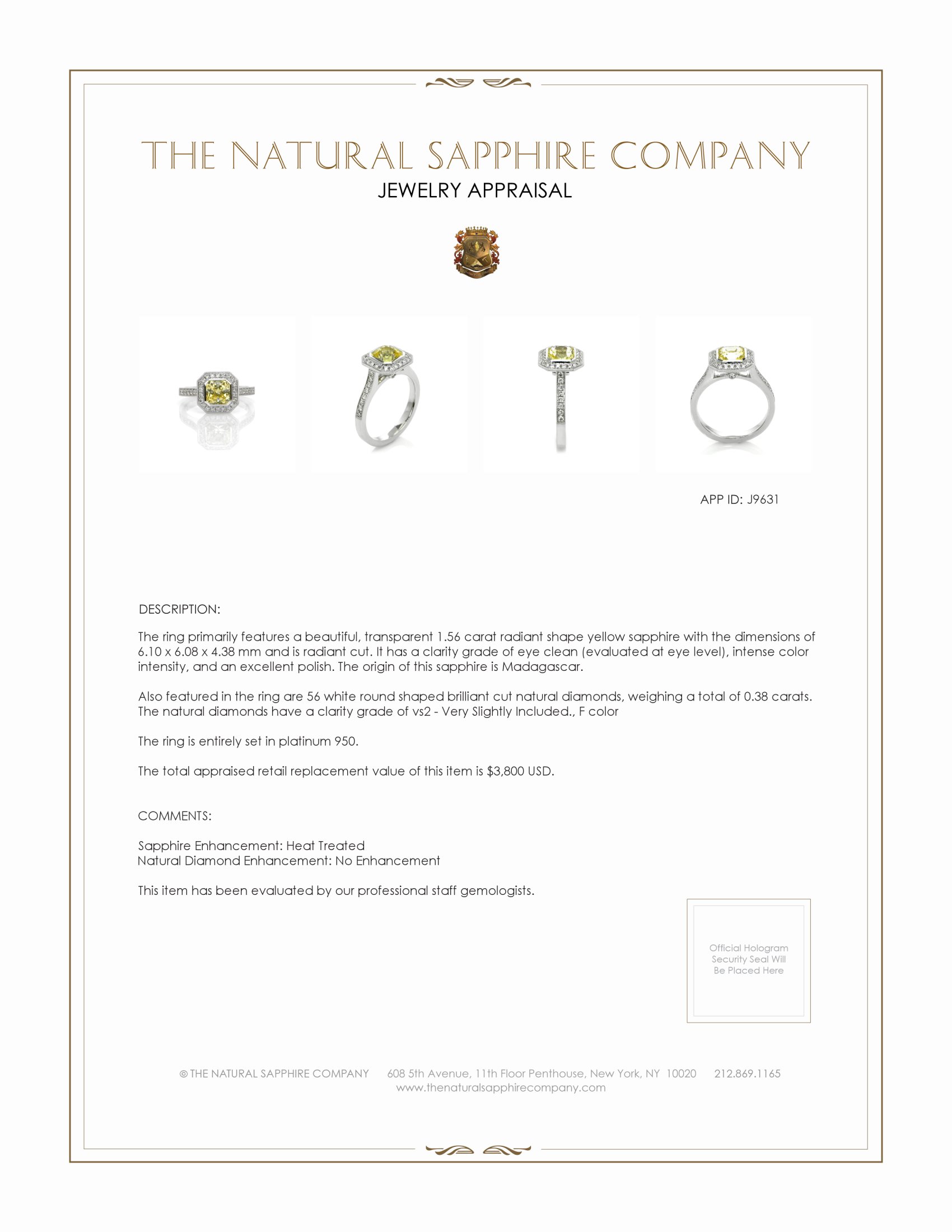 1.56 Ct. Yellow Sapphire and Natural Diamond Pave Ring, Platinum 950