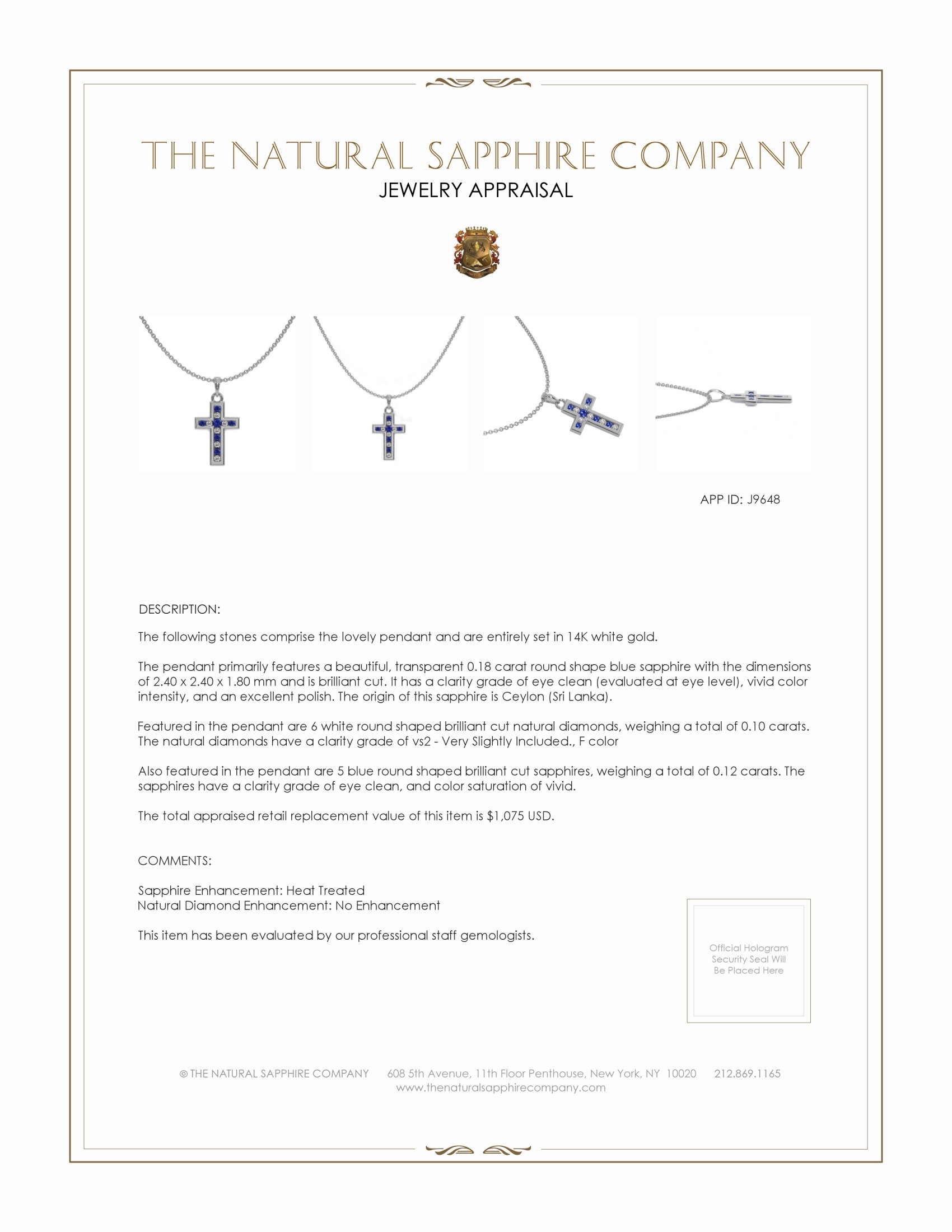 0.18 Ct. Blue Sapphire and Natural Diamond Religious Pendant, 14K White Gold