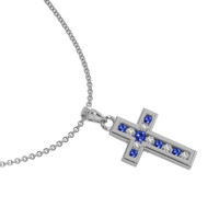 0.18 Ct. Blue Sapphire and Natural Diamond Religious Pendant, 14K White Gold Image