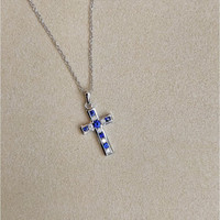 0.18 Ct. Blue Sapphire and Natural Diamond Religious Pendant, 14K White Gold Life Style