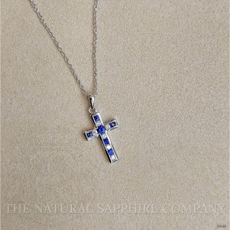 0.18 Ct. Blue Sapphire and Natural Diamond Religious Pendant, 14K White Gold