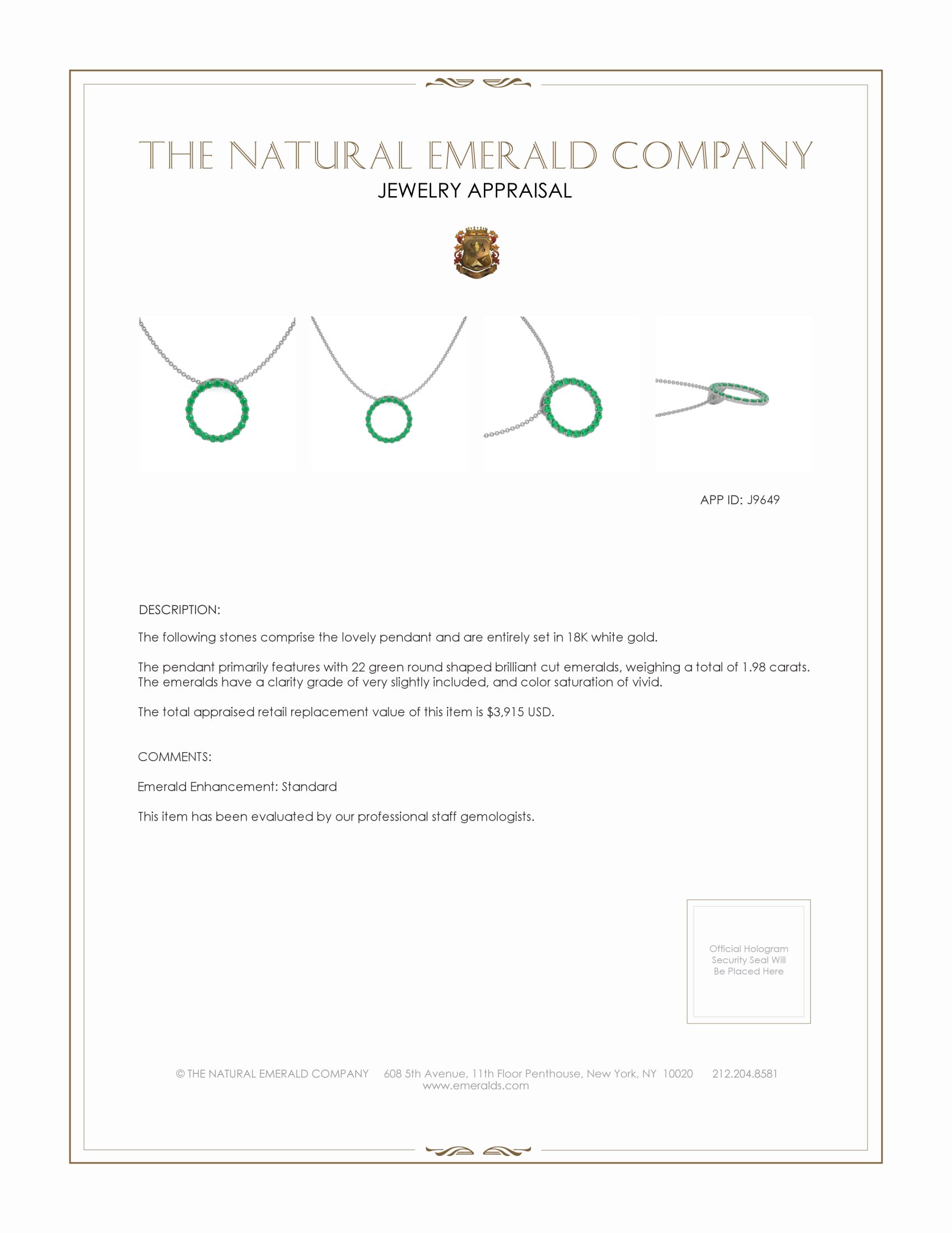 1.98 Ct. Emerald Pave Pendant, 18K White Gold