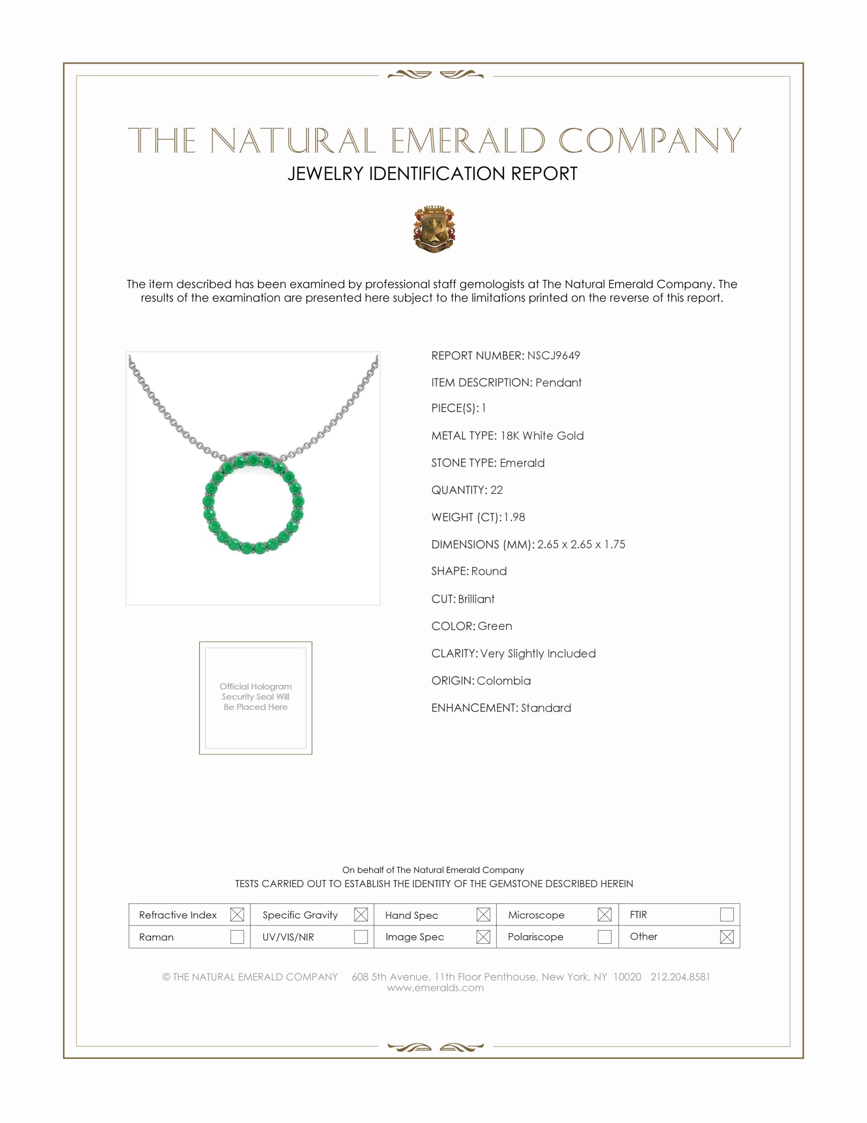 1.98 Ct. Emerald Pave Pendant, 18K White Gold
