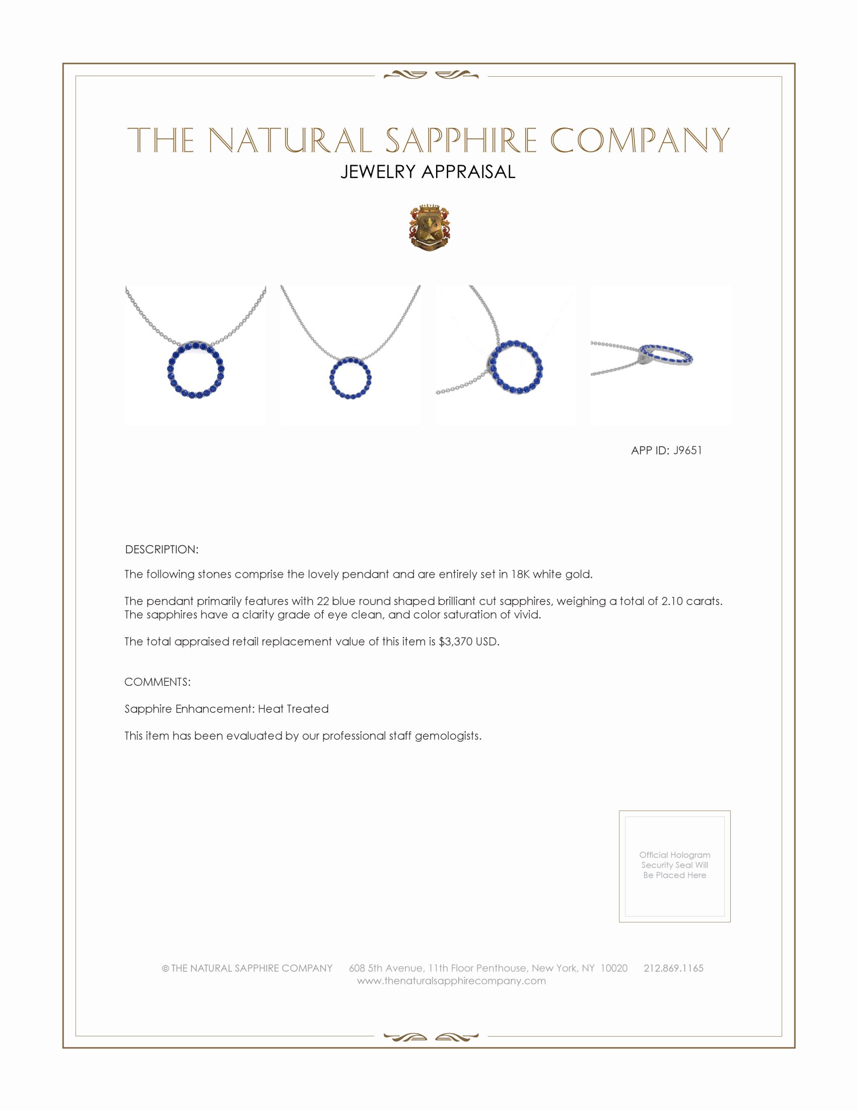 2.10 Ct. Blue Sapphire Pave Pendant, 18K White Gold