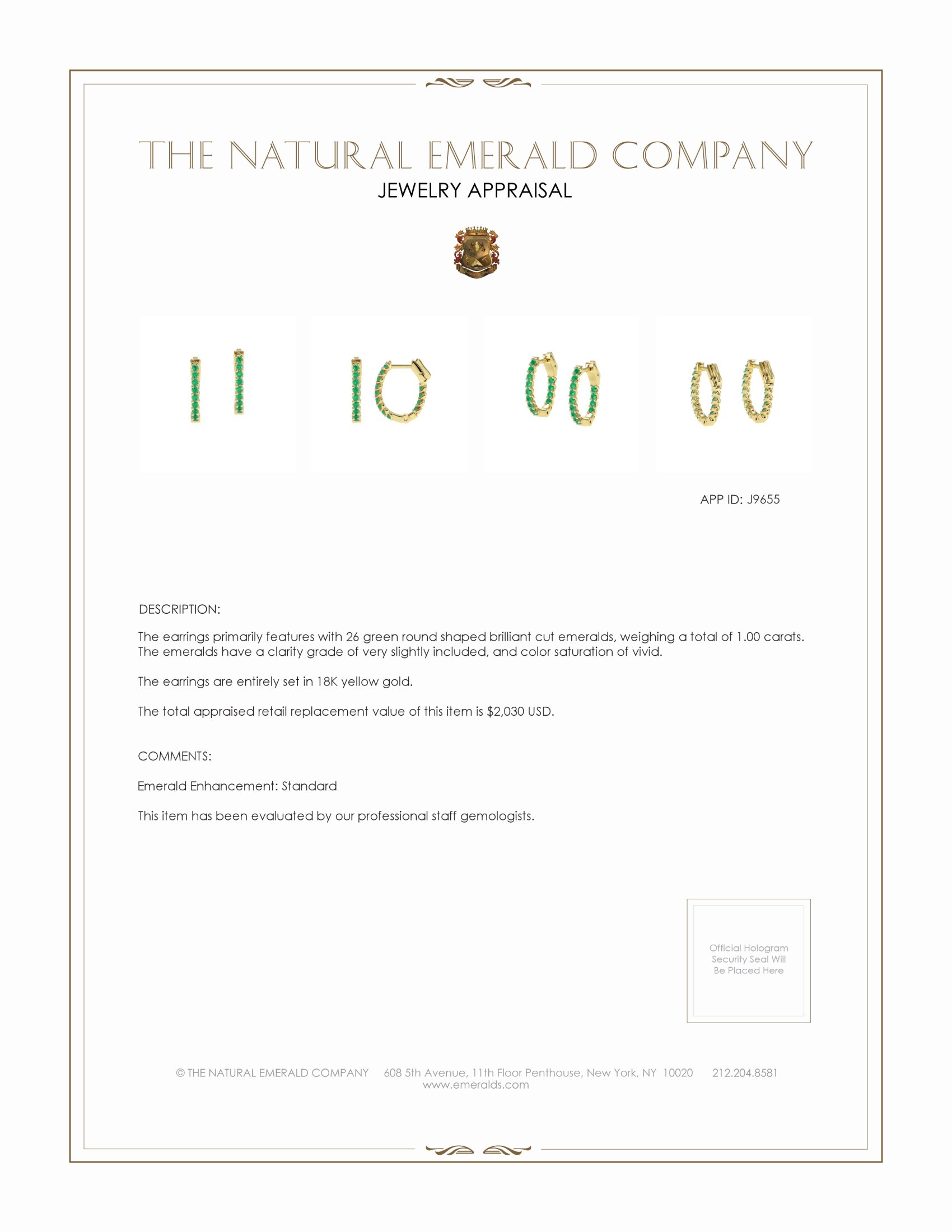 1.00 Ct.Tw. Emerald Antique Style Earrings, 18K Yellow Gold