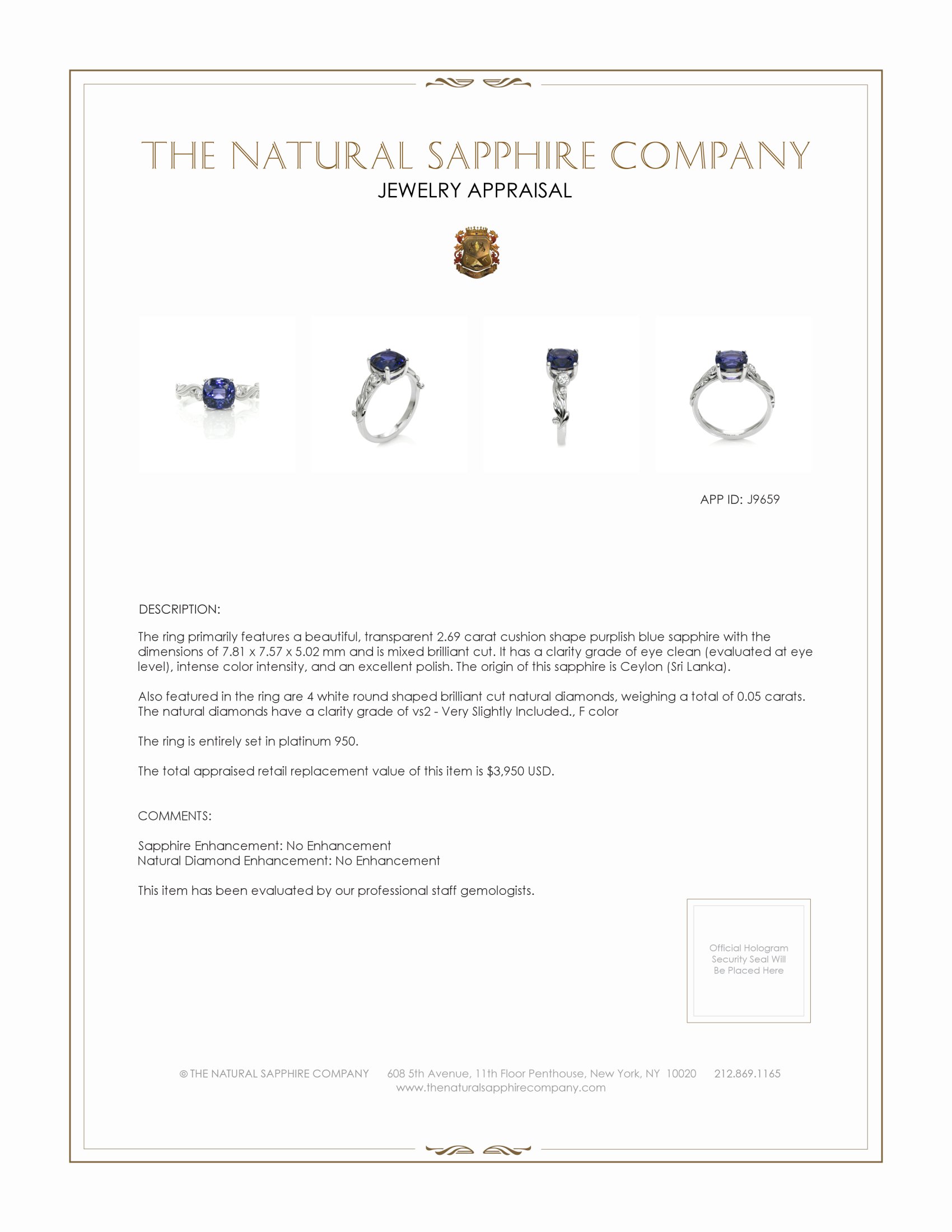 2.69 Ct. Purplish Blue Sapphire and Natural Diamond Floral Ring, Platinum 950
