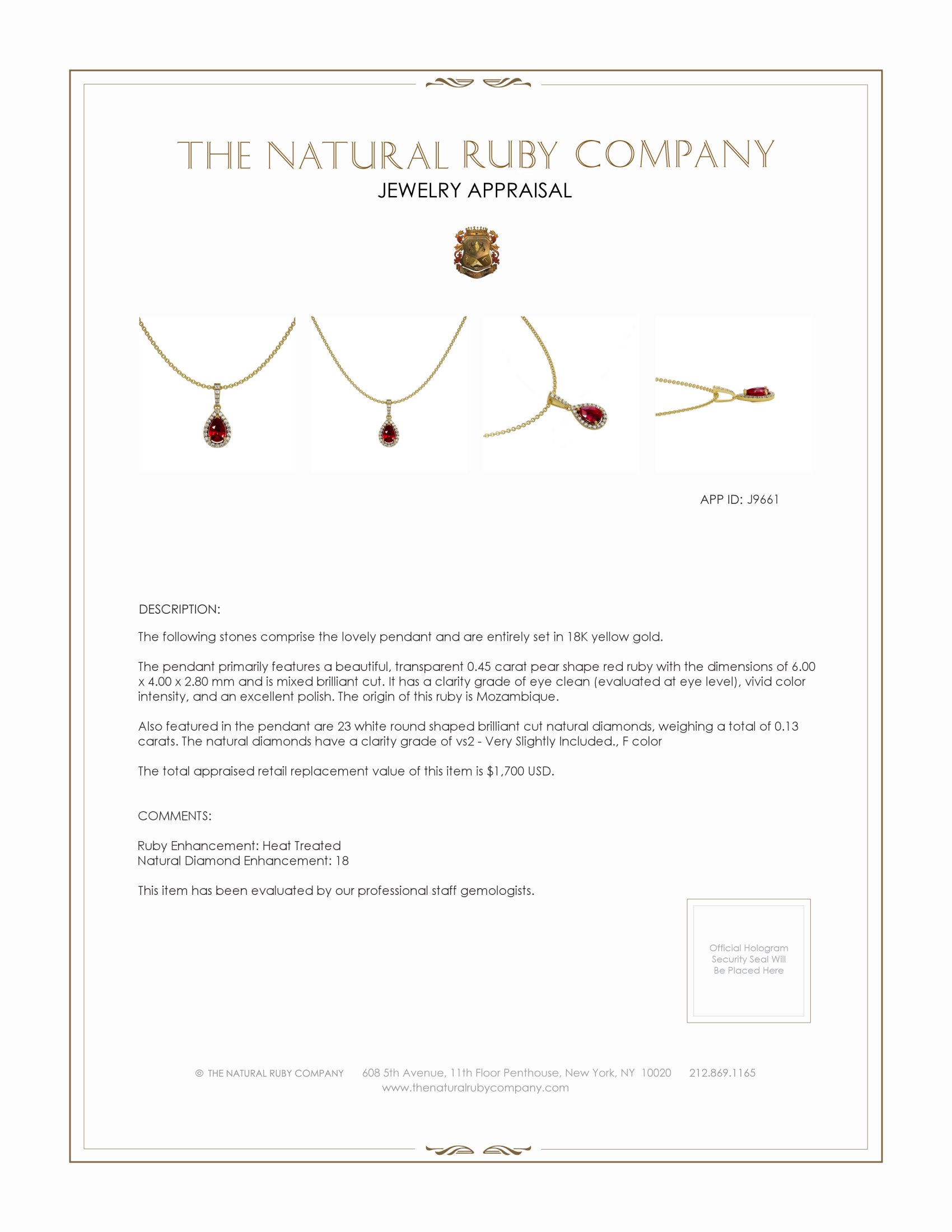 0.45 Ct. Ruby and Natural Diamond Pave Pendant, 18K Yellow Gold