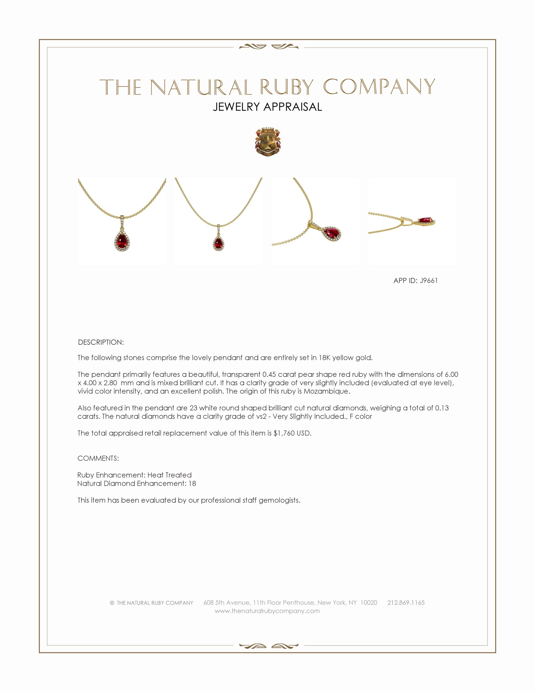 0.45 Ct. Ruby and Natural Diamond Pave Pendant, 18K Yellow Gold