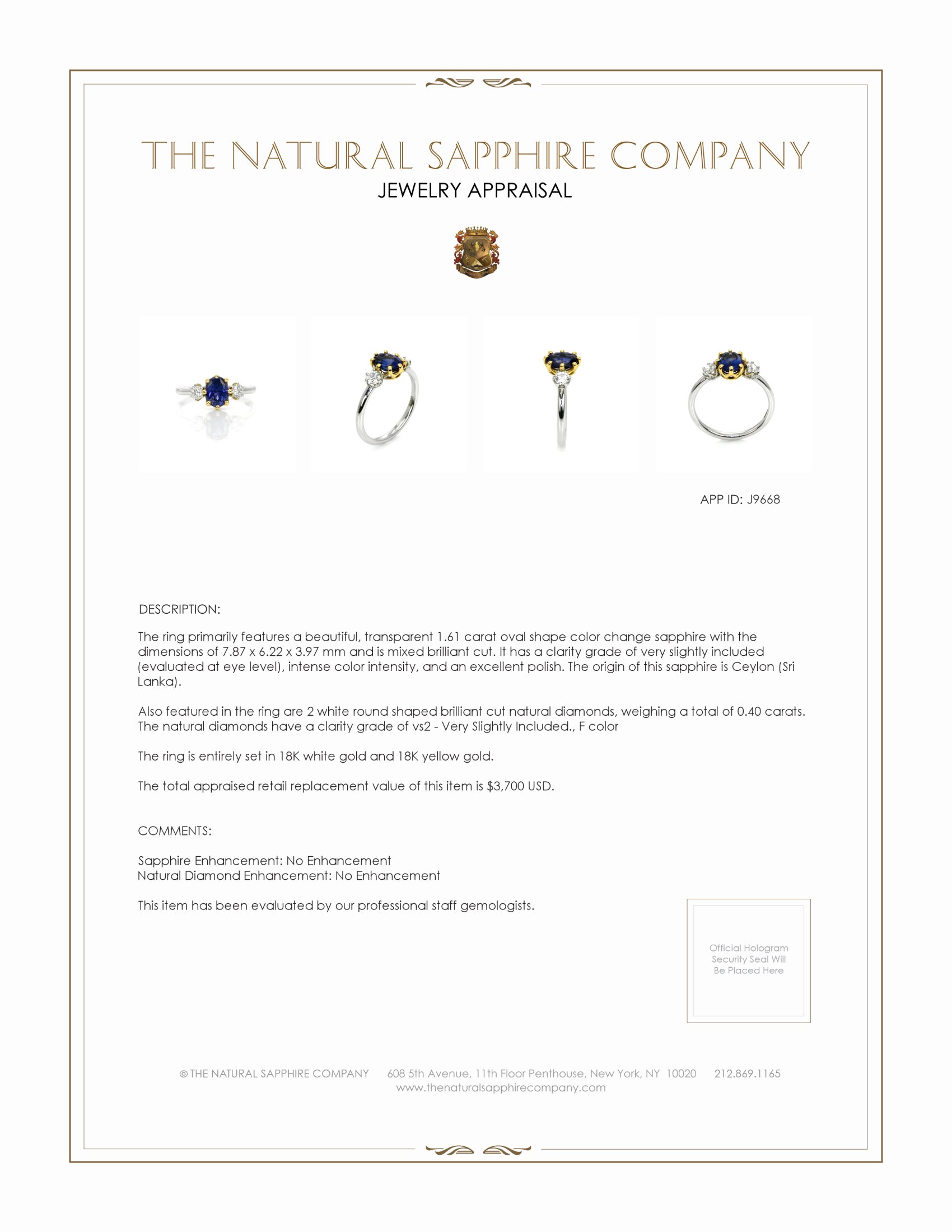 1.61 Ct. Color Change Sapphire and Natural Diamond Three Stone Ring, 18K White & Yellow