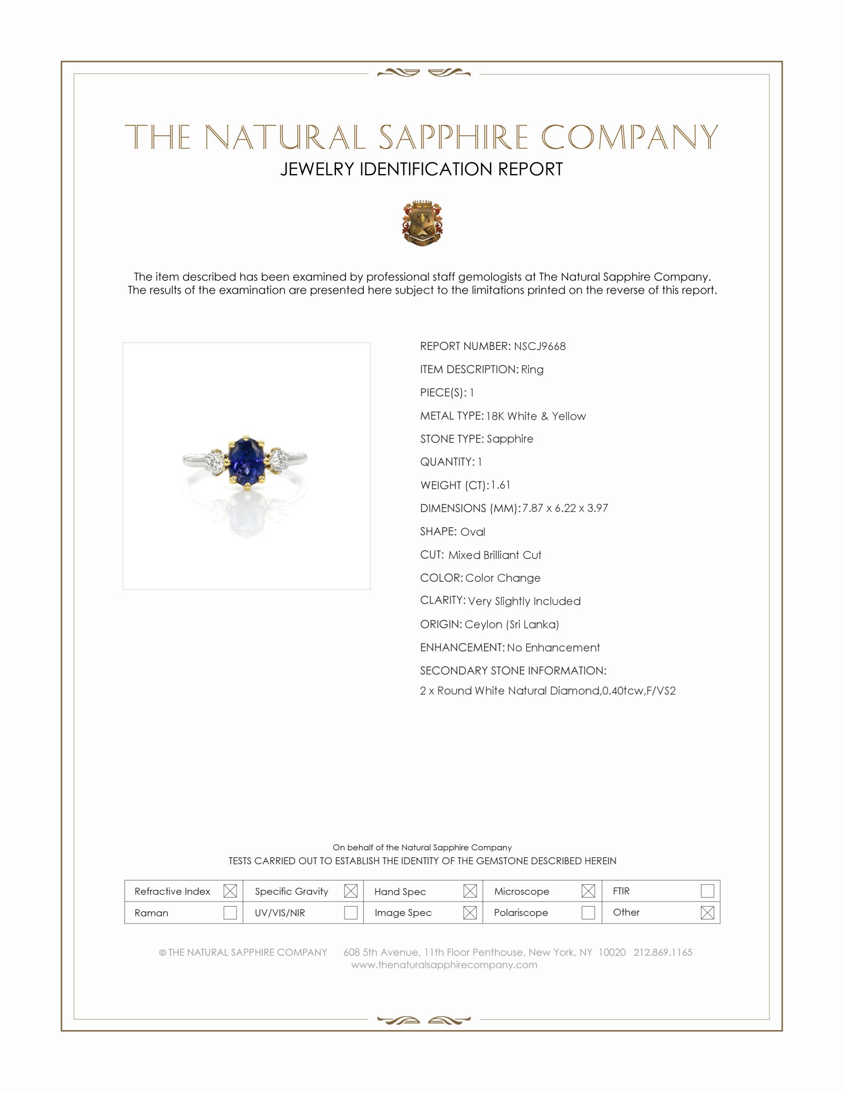 1.61 Ct. Color Change Sapphire and Natural Diamond Three Stone Ring, 18K White & Yellow