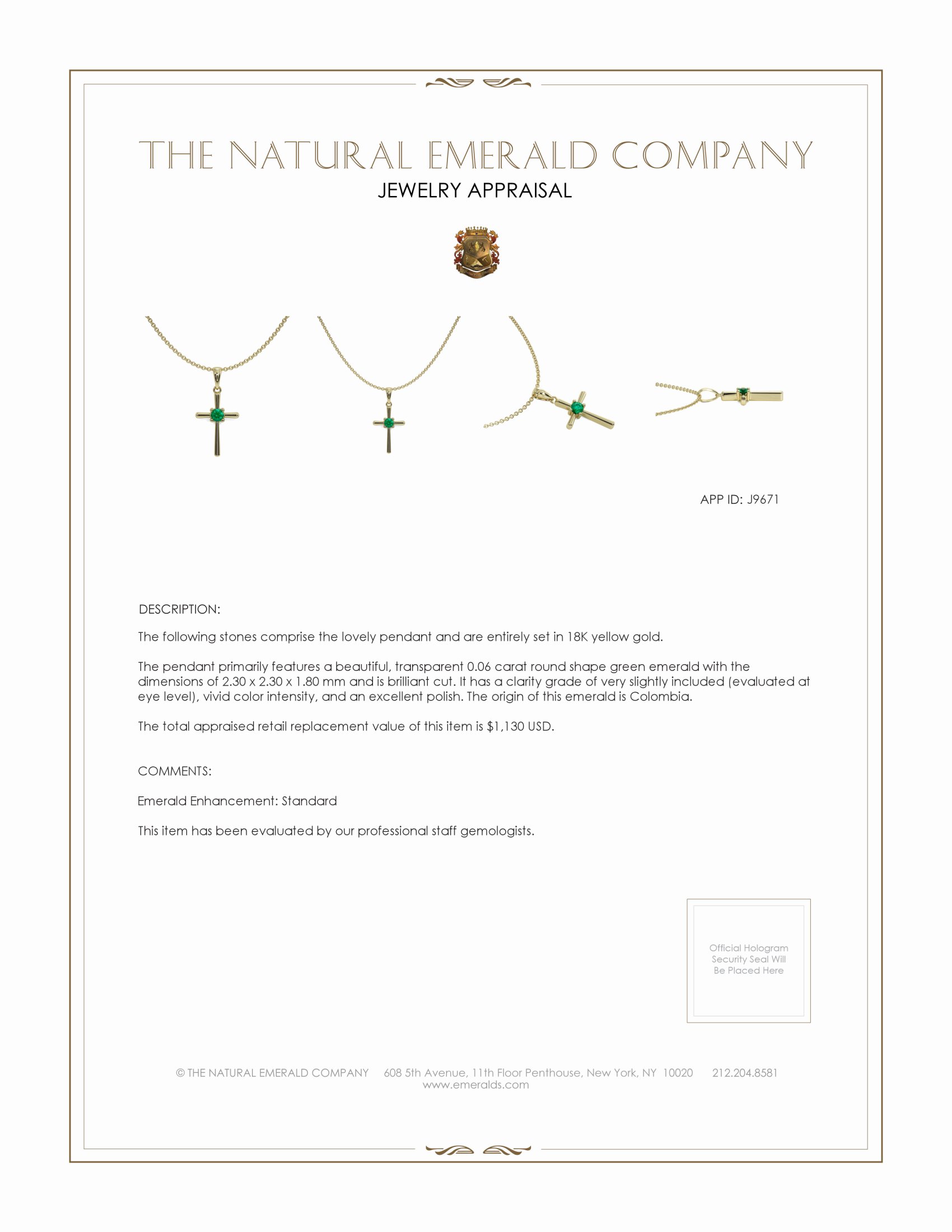 0.06 Ct. Emerald Antique Style Pendant, 18K Yellow Gold