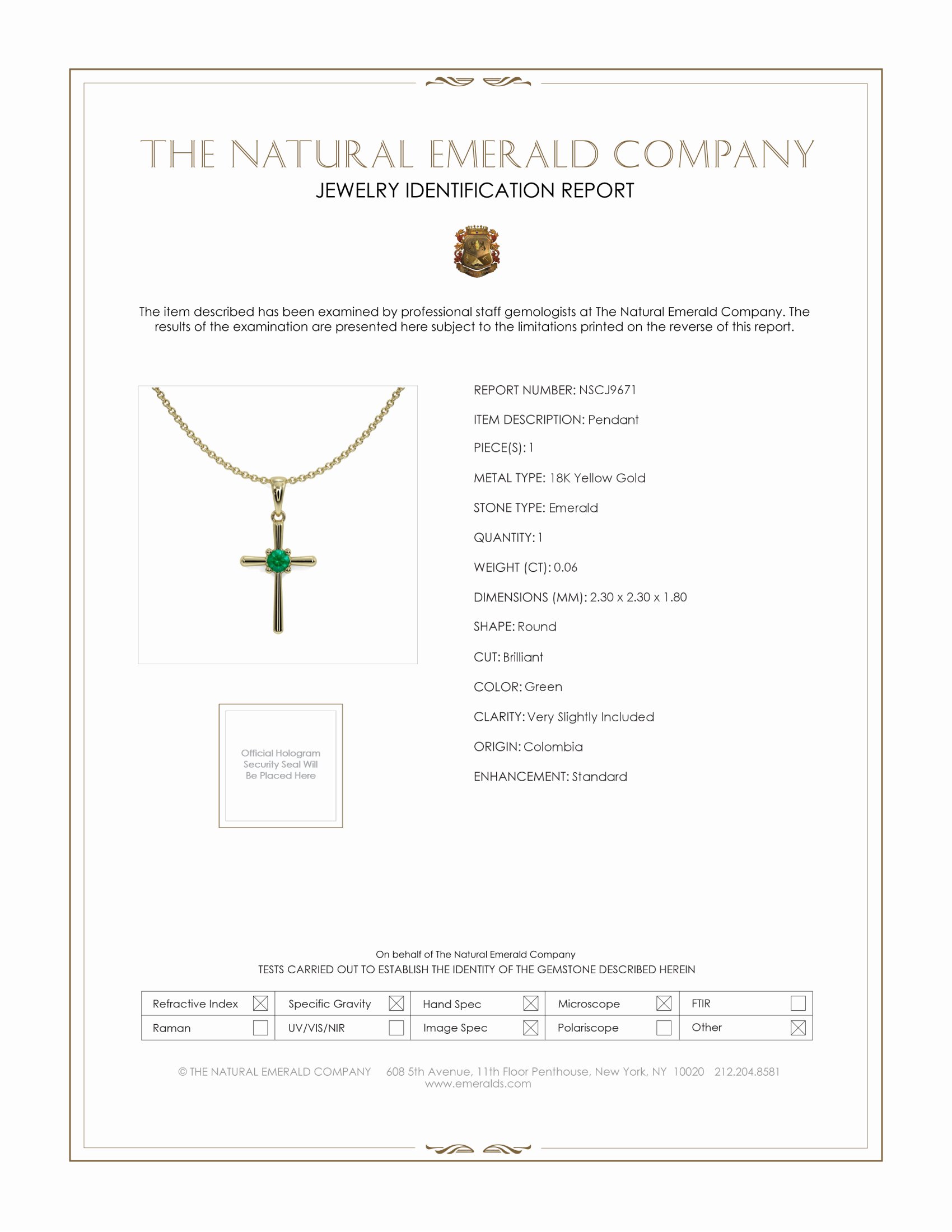 0.06 Ct. Emerald Antique Style Pendant, 18K Yellow Gold