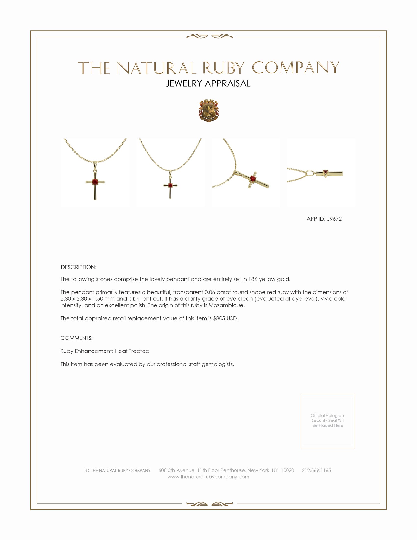 0.06 Ct. Ruby Antique Style Pendant, 18K Yellow Gold