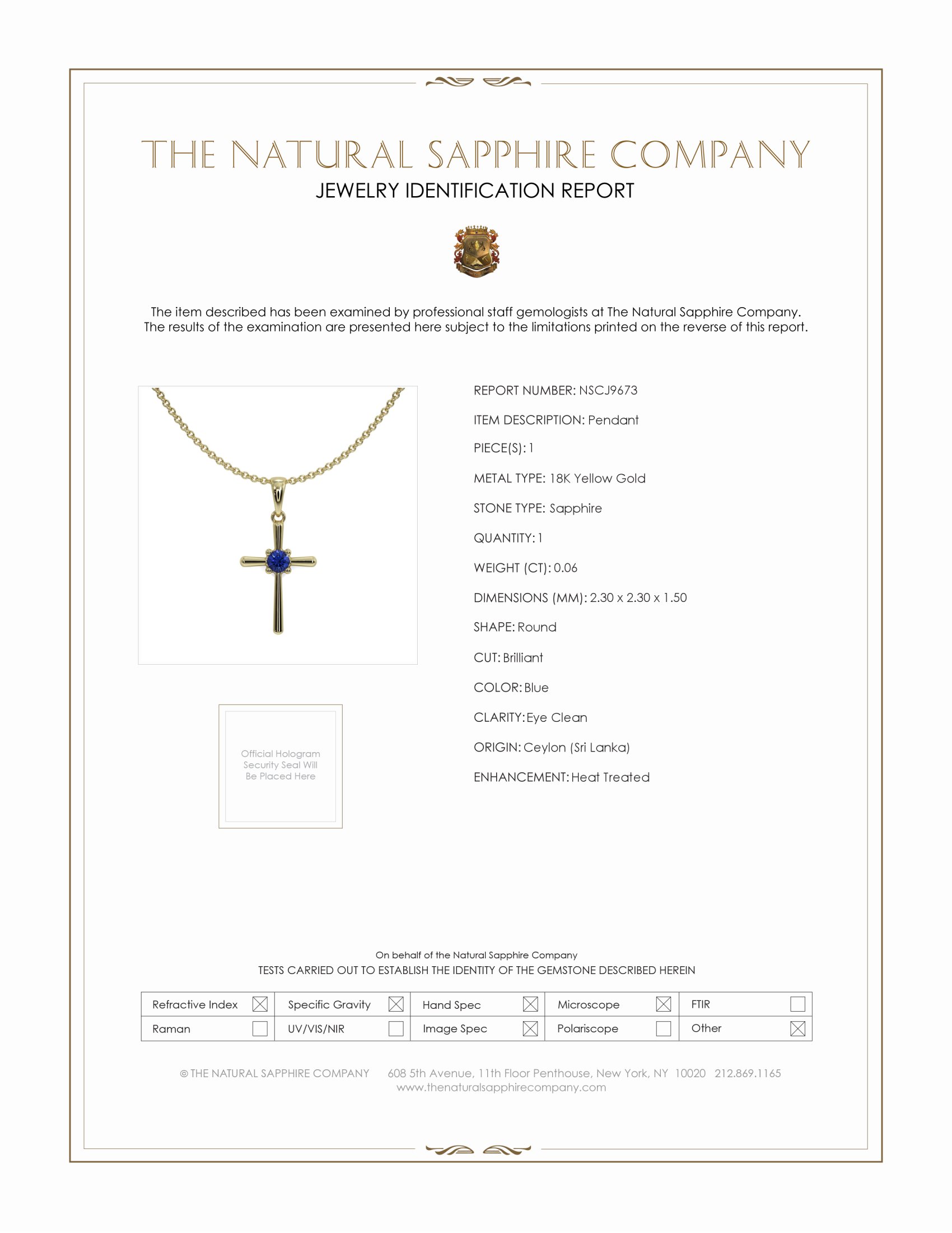 0.06 Ct. Blue Sapphire Solitaire Pendant, 18K Yellow Gold