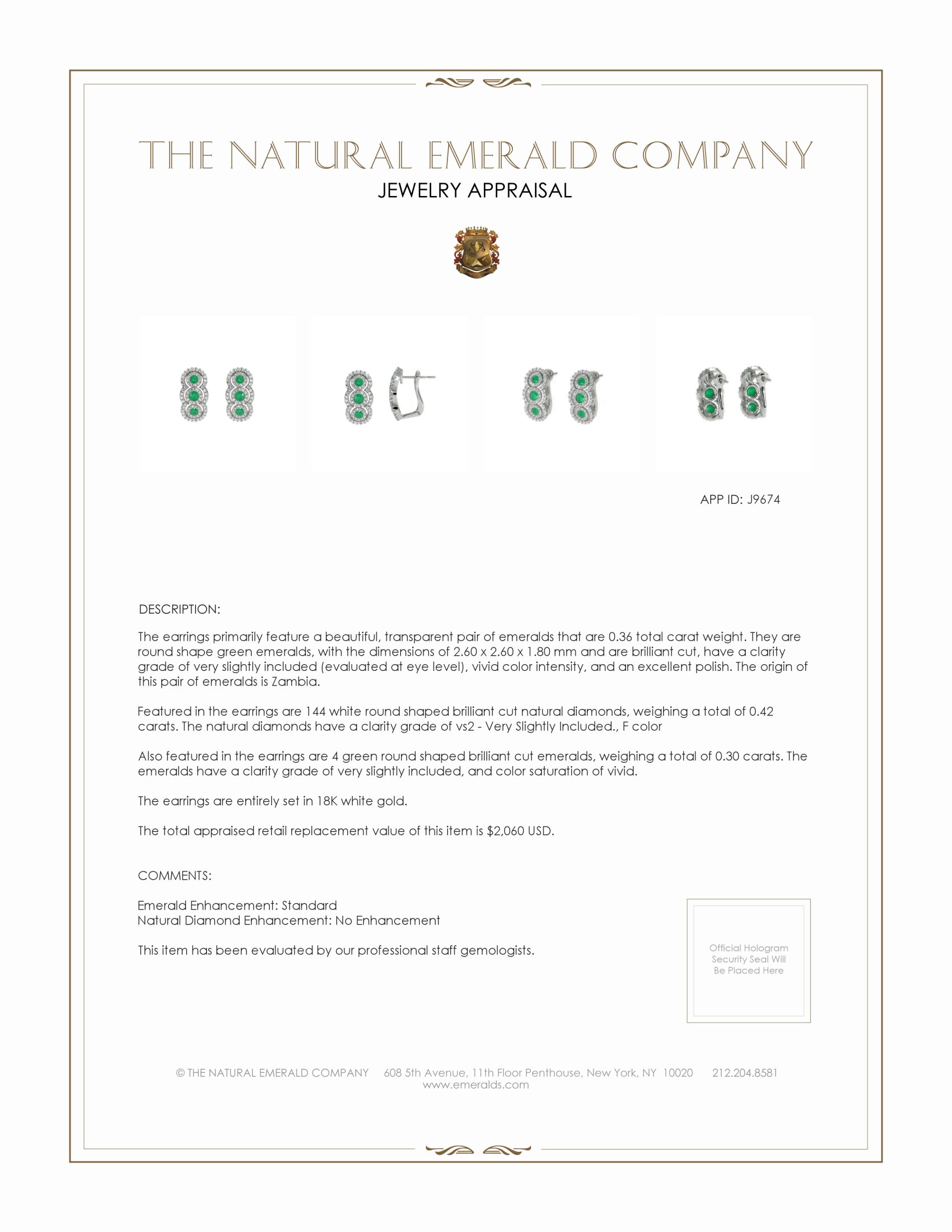 0.36 Ct.Tw. Emerald Natural Diamond Antique Style Earrings, 18K White Gold