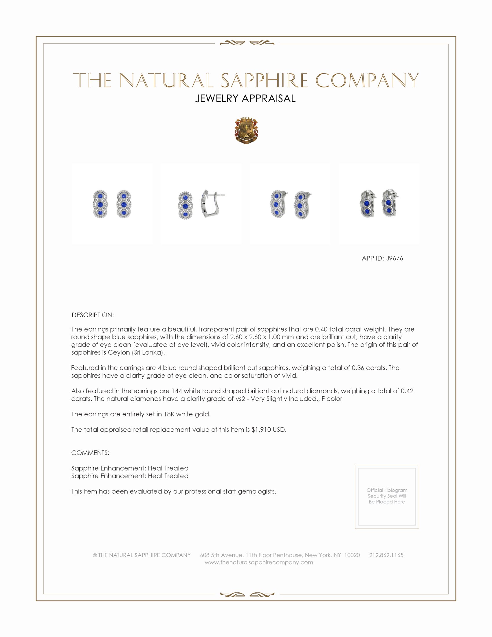 0.40 Ct.Tw. Blue Sapphire and Natural Diamond Pave Earrings, 18K White Gold