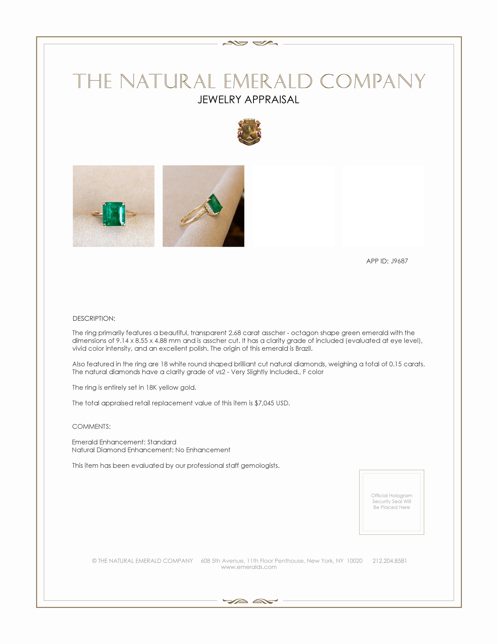 2.68 Ct. Emerald and Natural Diamond Pave Ring, 18K Yellow Gold