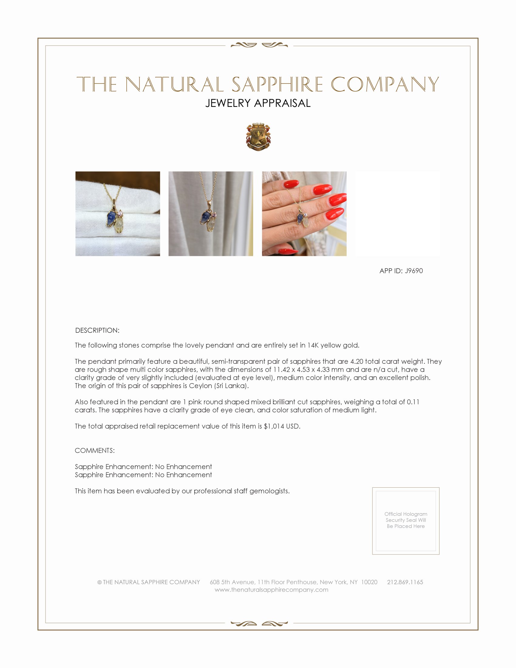 4.20 Ct. Multi Color Sapphire and Pink Sapphire Accent Stones Pendant, 14K Yellow Gold