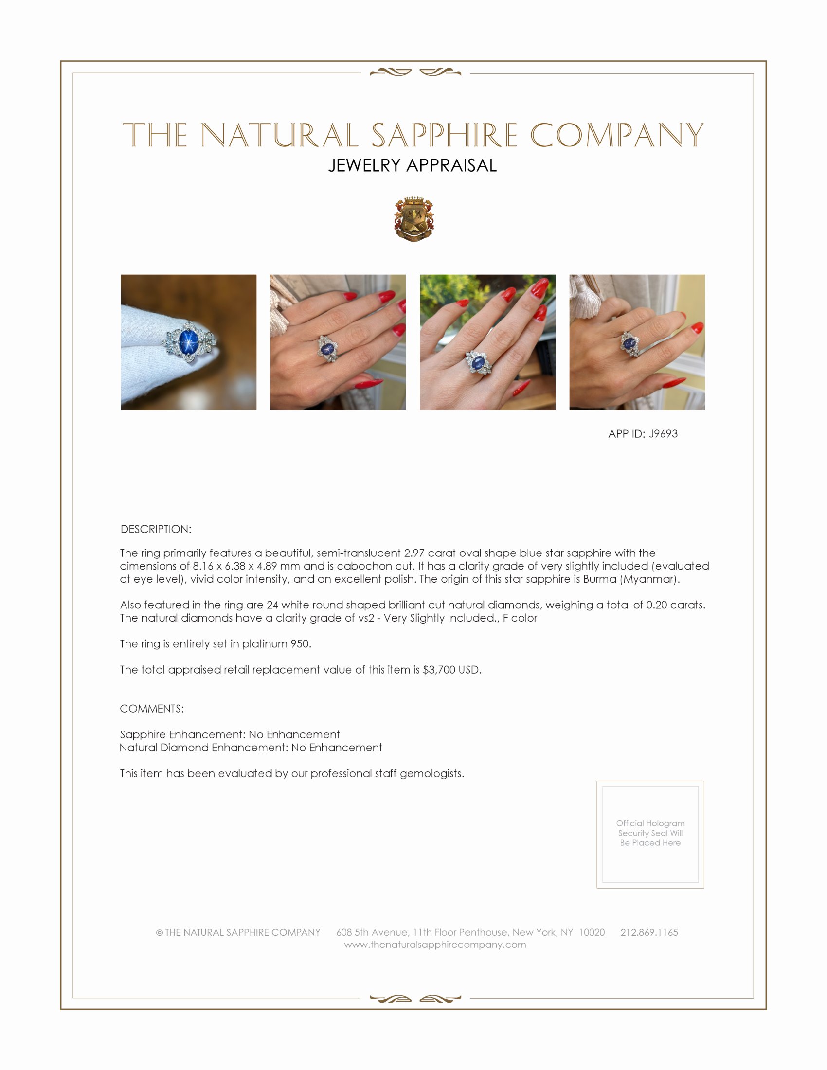 2.97 Ct. Blue Sapphire and Natural Diamond Pave Ring, Platinum 950