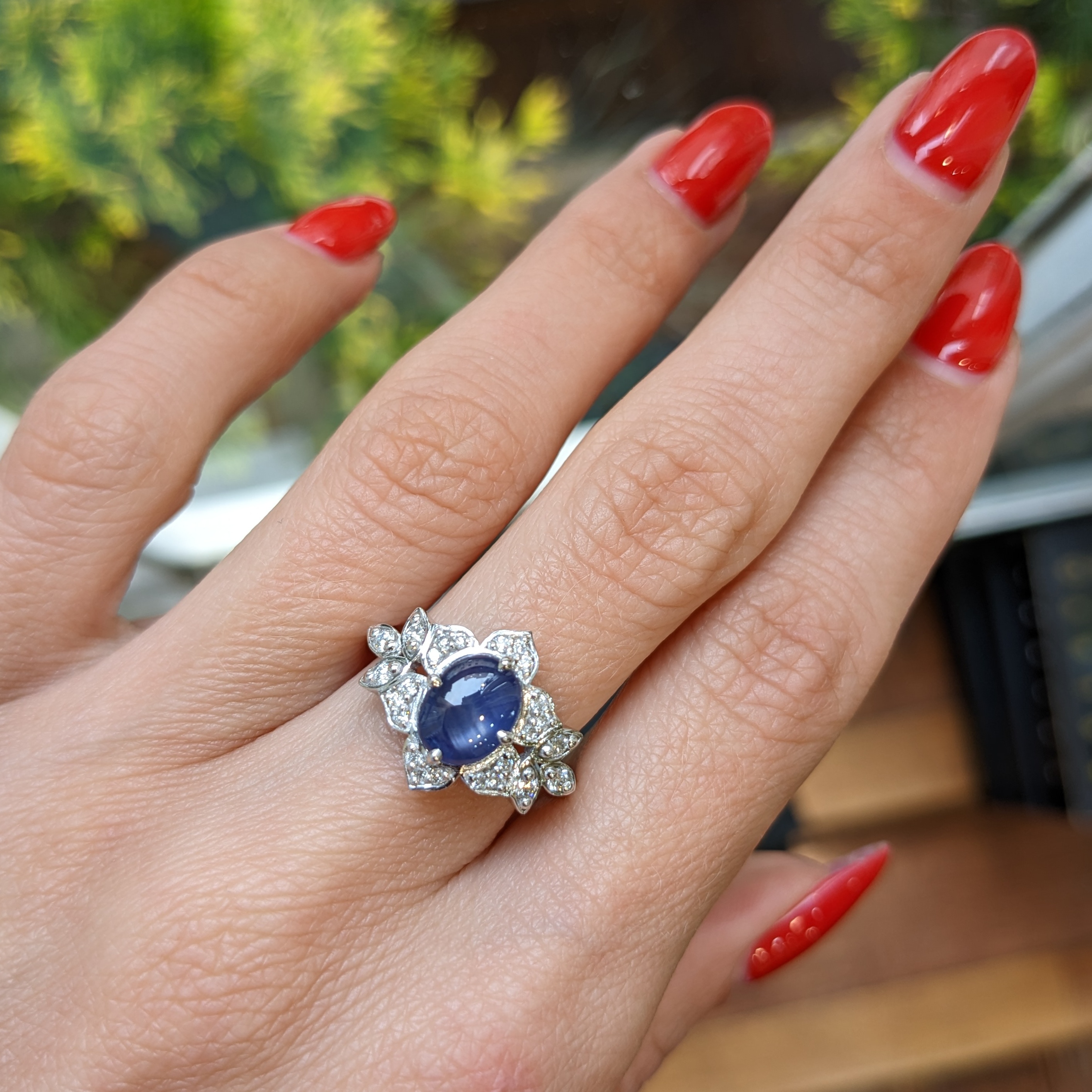 Blue Sapphire and Natural Diamond Pave Ring - Oval 2.97 Ct