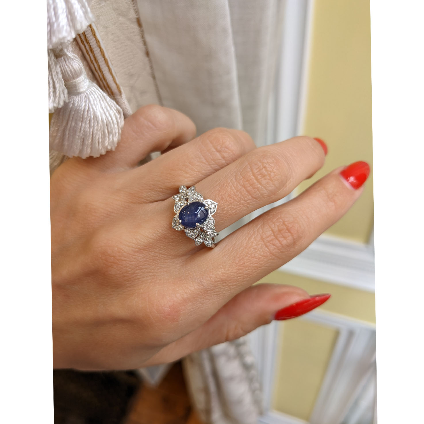 Blue Sapphire and Natural Diamond Pave Ring - Oval 2.97 Ct
