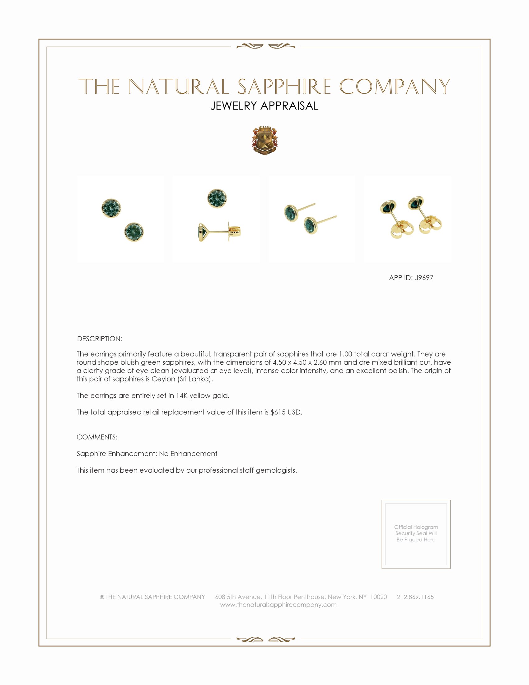 1.00 Ct.Tw. Bluish Green Sapphire Studs Earrings, 14K Yellow Gold