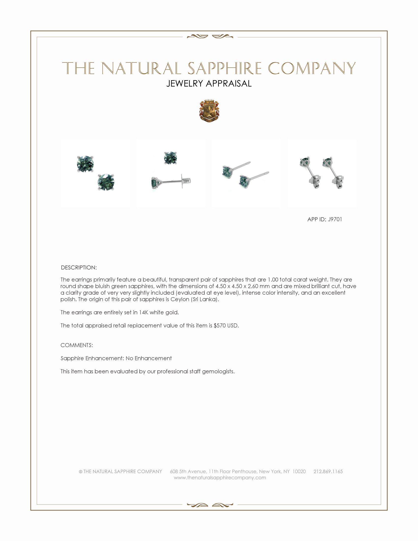 1.00 Ct.Tw. Bluish Green Sapphire Studs Earrings, 14K White Gold