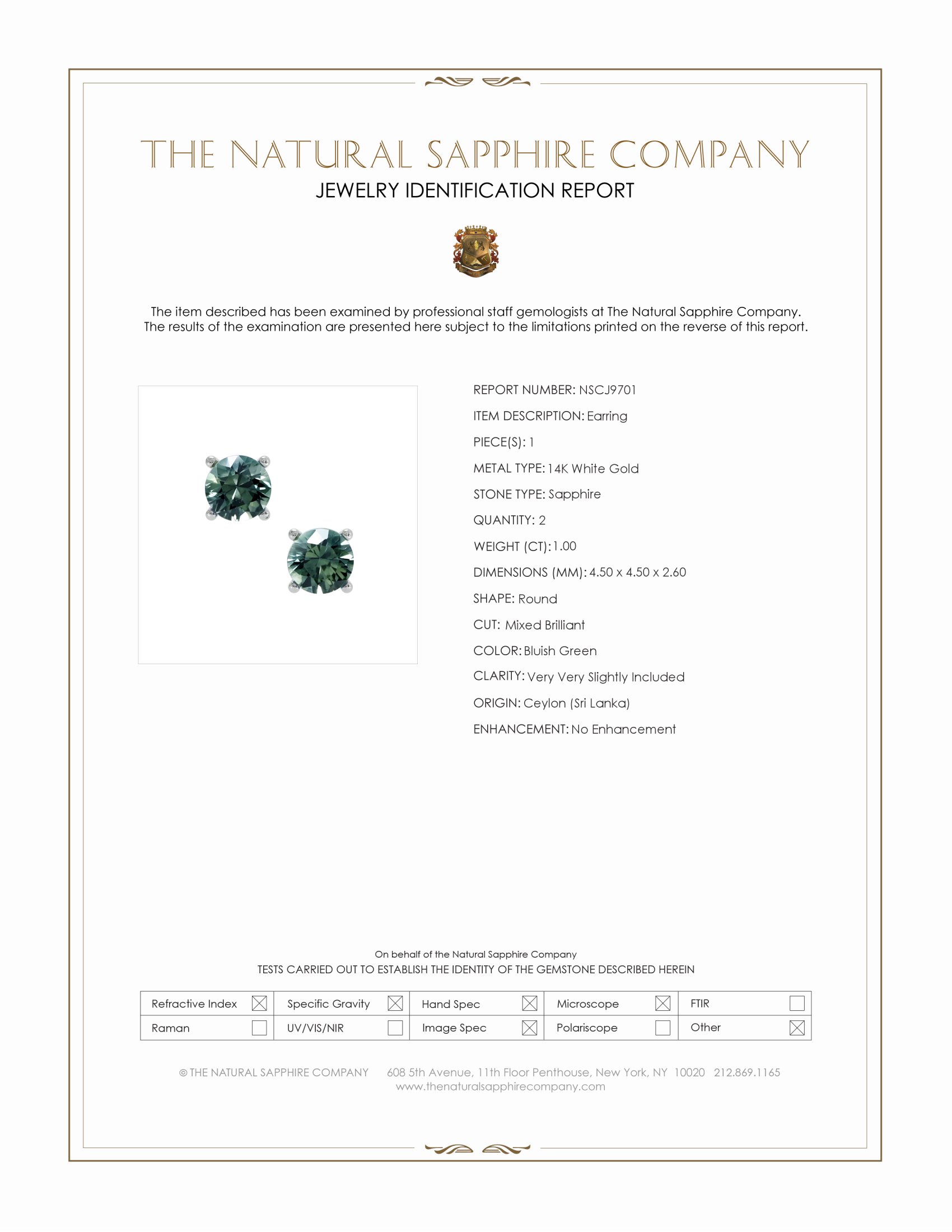 1.10 Ct.Tw. Bluish Green Sapphire Studs Earrings, 14K White Gold