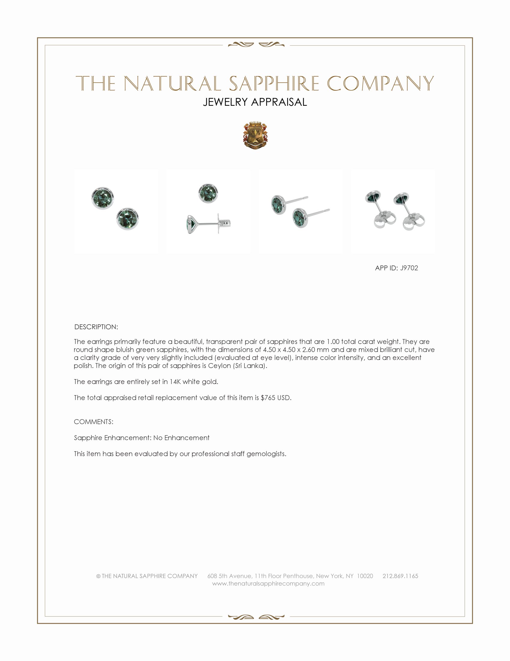 1.00 Ct.Tw. Bluish Green Sapphire Studs Earrings, 14K White Gold