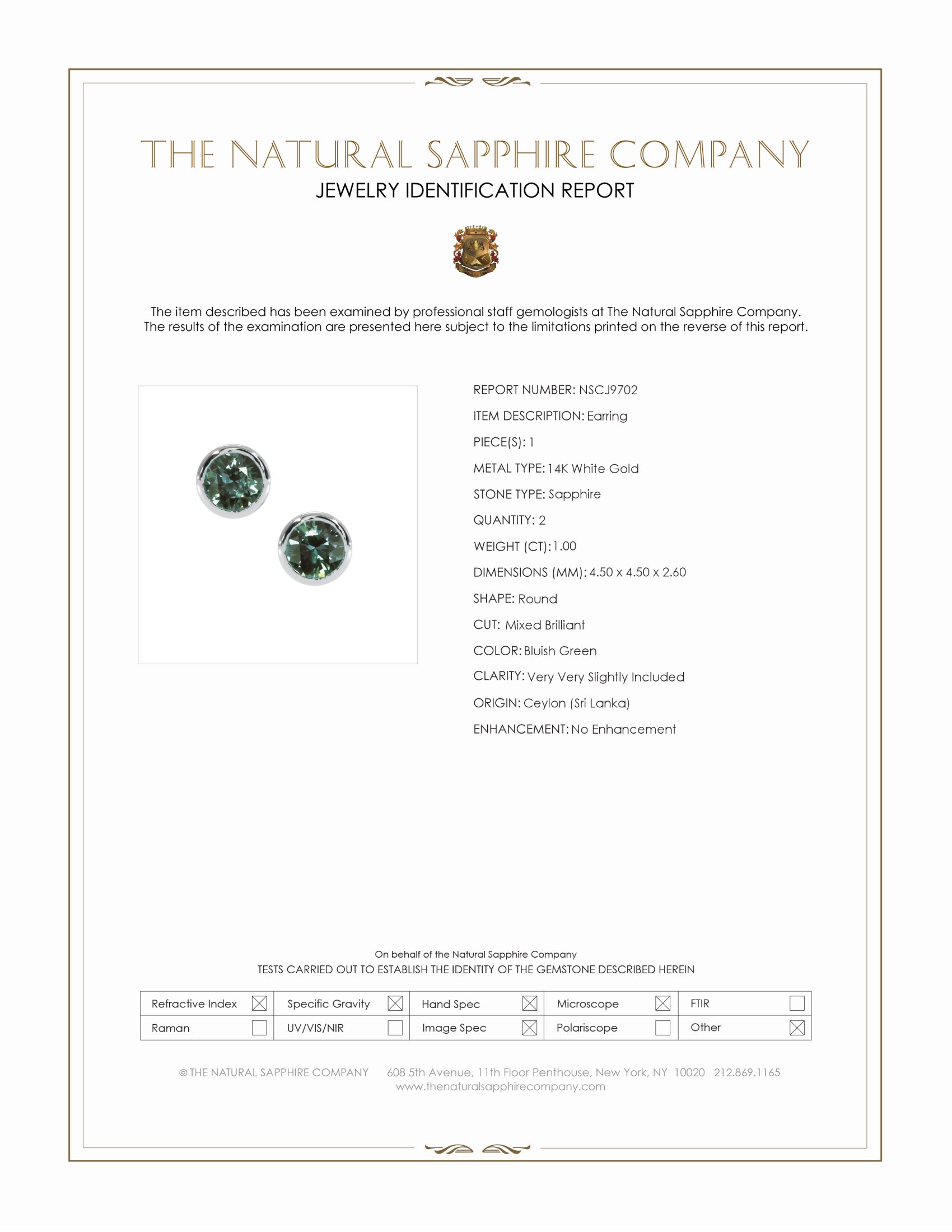 1.00 Ct.Tw. Bluish Green Sapphire Studs Earrings, 14K White Gold