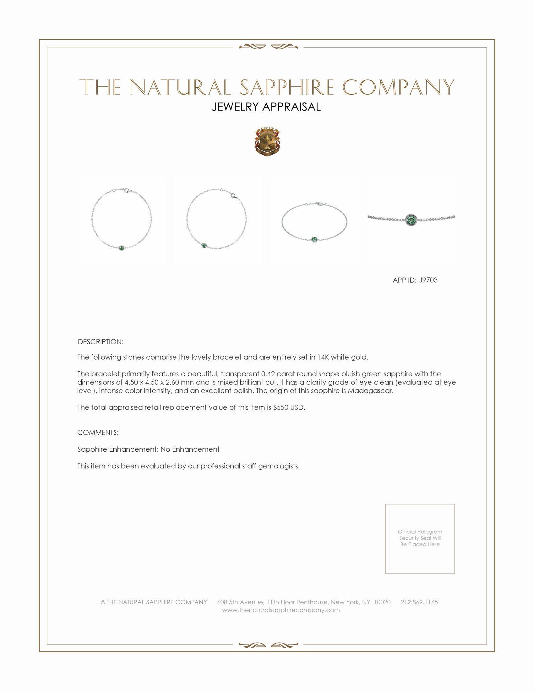 0.42 Ct.Tw. Bluish Green Sapphire Bezel Bracelet, 14K White Gold