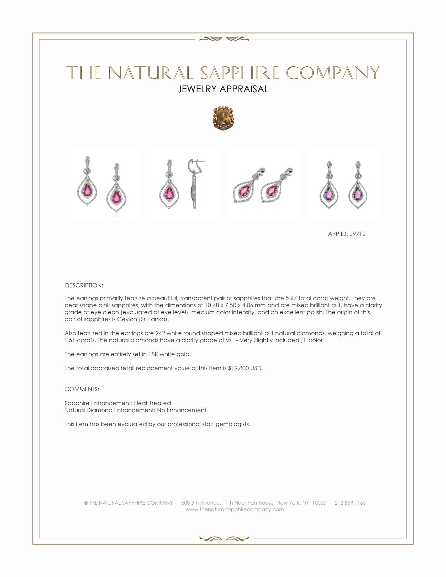 5.47 Ct.Tw. Pink Sapphire and Natural Diamond Pave Earrings, 18K White Gold