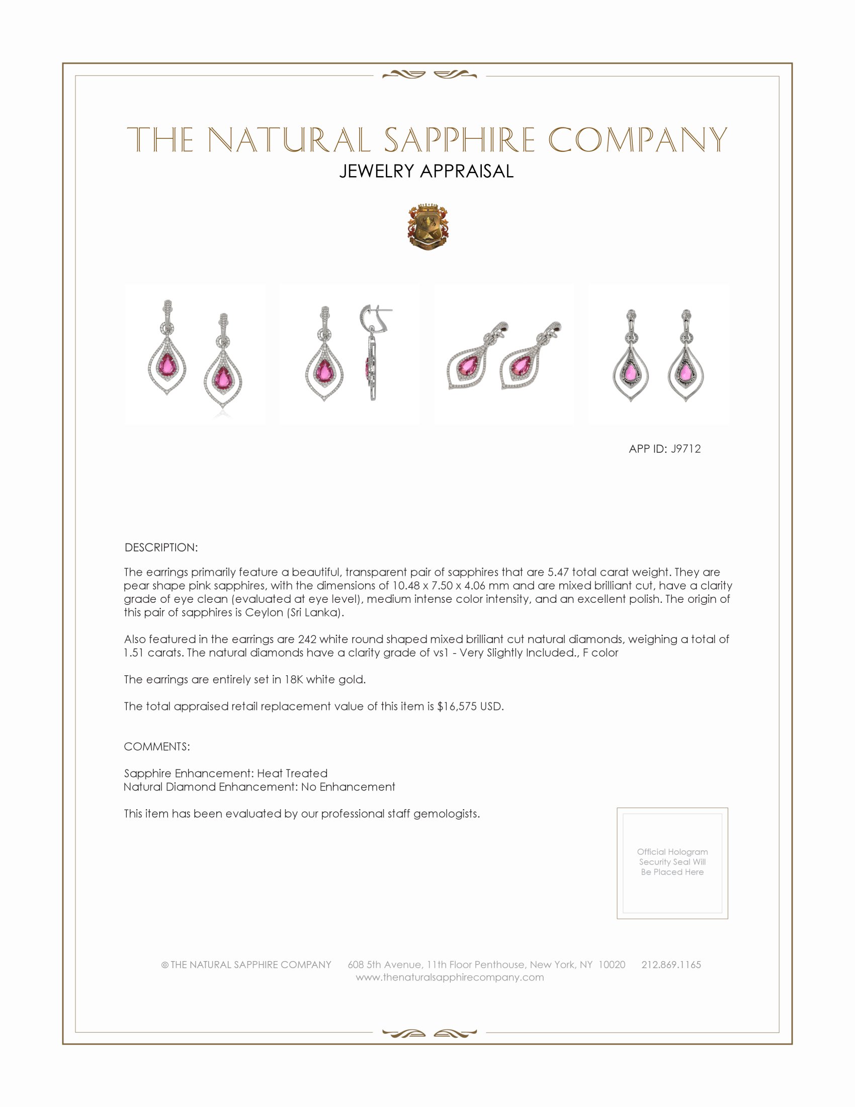 5.47 Ct.Tw. Pink Sapphire and Natural Diamond Hoops Earrings, 18K White Gold