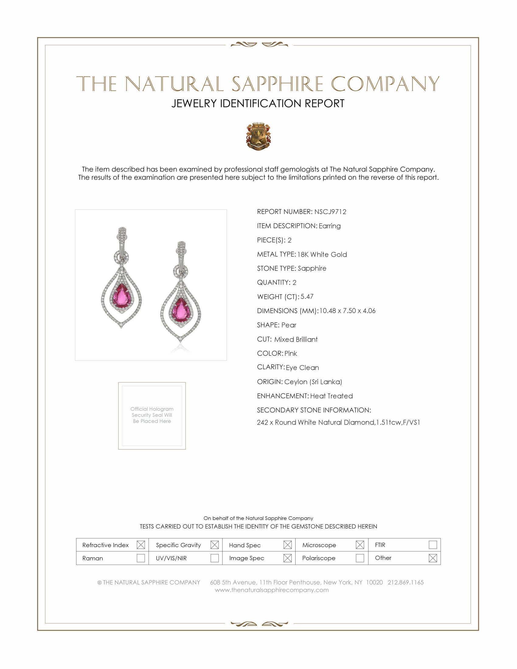 5.47 Ct.Tw. Pink Sapphire and Natural Diamond Hoops Earrings, 18K White Gold