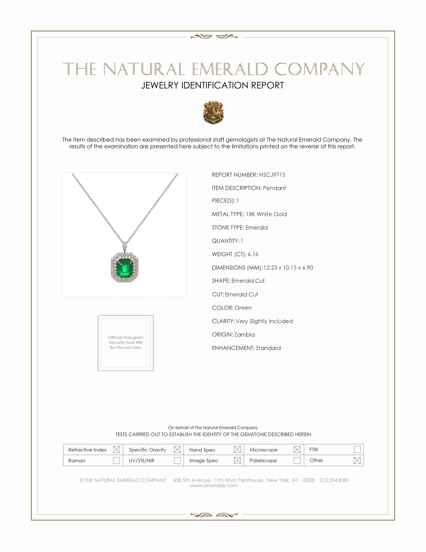 6.16 Ct. Emerald and Natural Diamond Pave Pendant, 18K White Gold