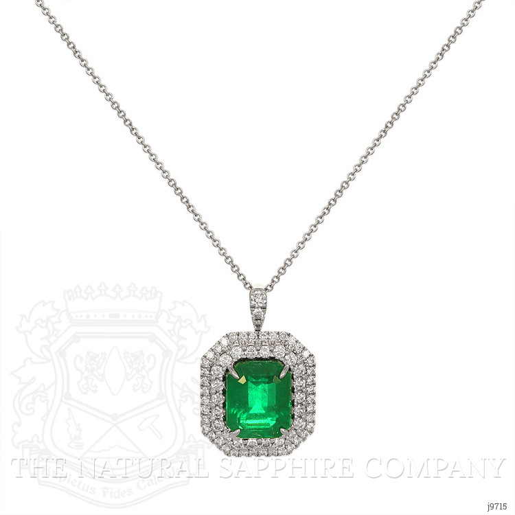 6.16 Ct. Emerald and Natural Diamond Pave Pendant, 18K White Gold