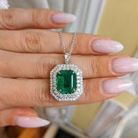 6.16 Ct. Emerald and Natural Diamond Pave Pendant, 18K White Gold Life Style