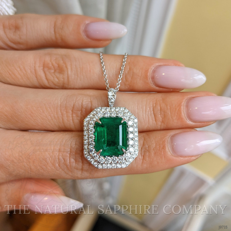 6.16 Ct. Emerald and Natural Diamond Pave Pendant, 18K White Gold