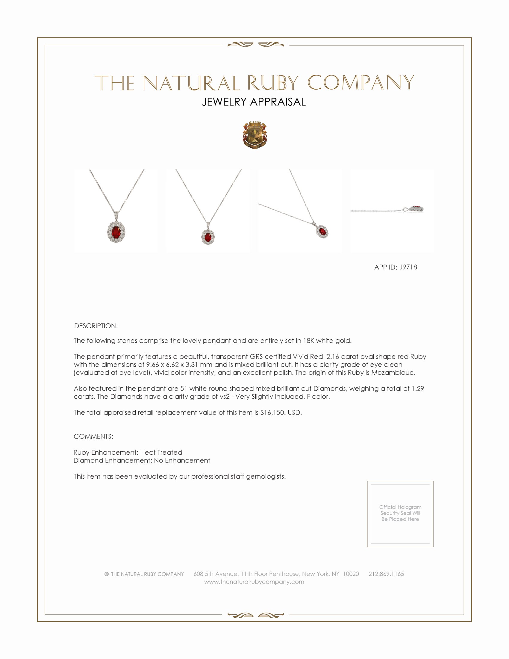 2.16 Ct. Ruby and Natural Diamond Pave Pendant, 18K White Gold