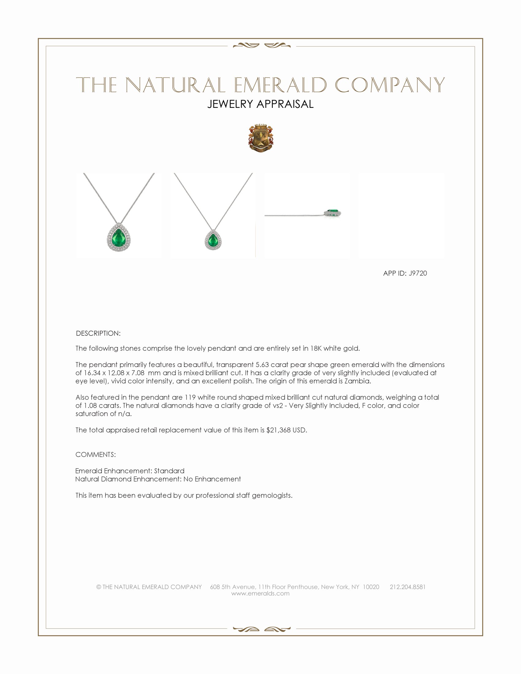 5.63 Ct. Emerald and Natural Diamond Pave Pendant, 18K White Gold