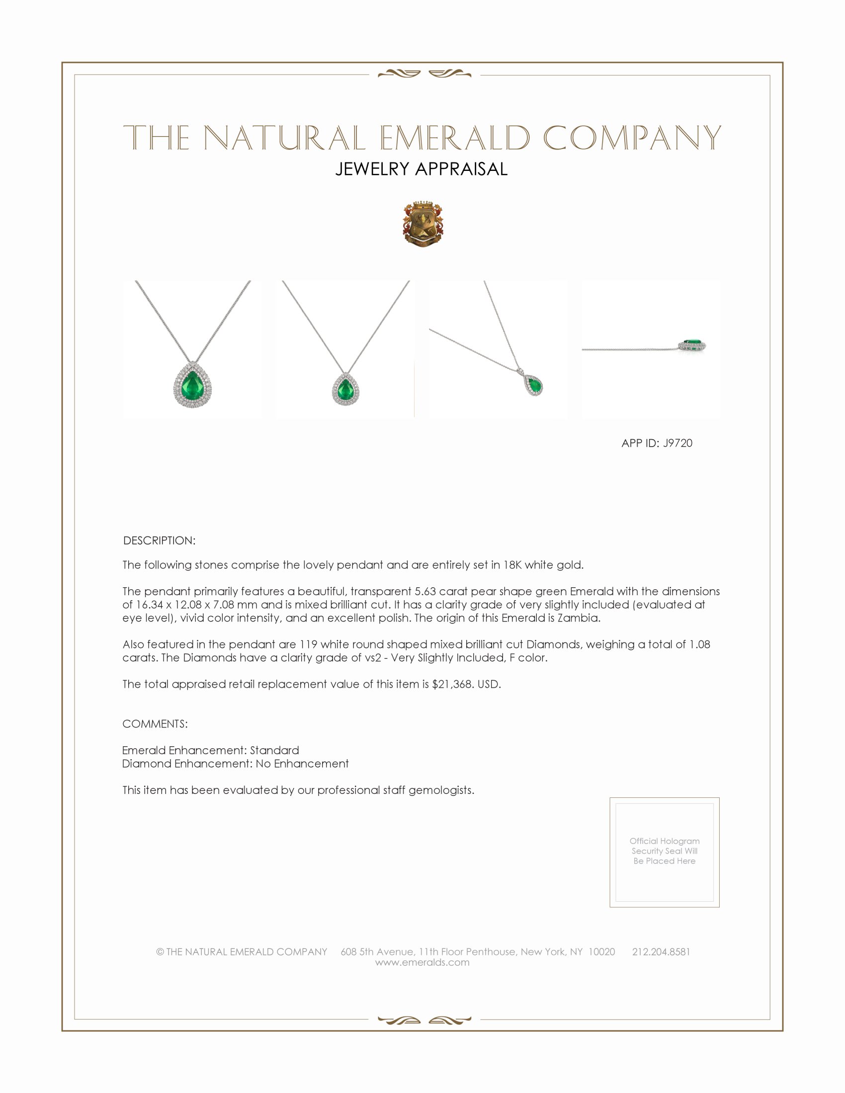 5.63 Ct. Emerald and Natural Diamond Pave Pendant, 18K White Gold