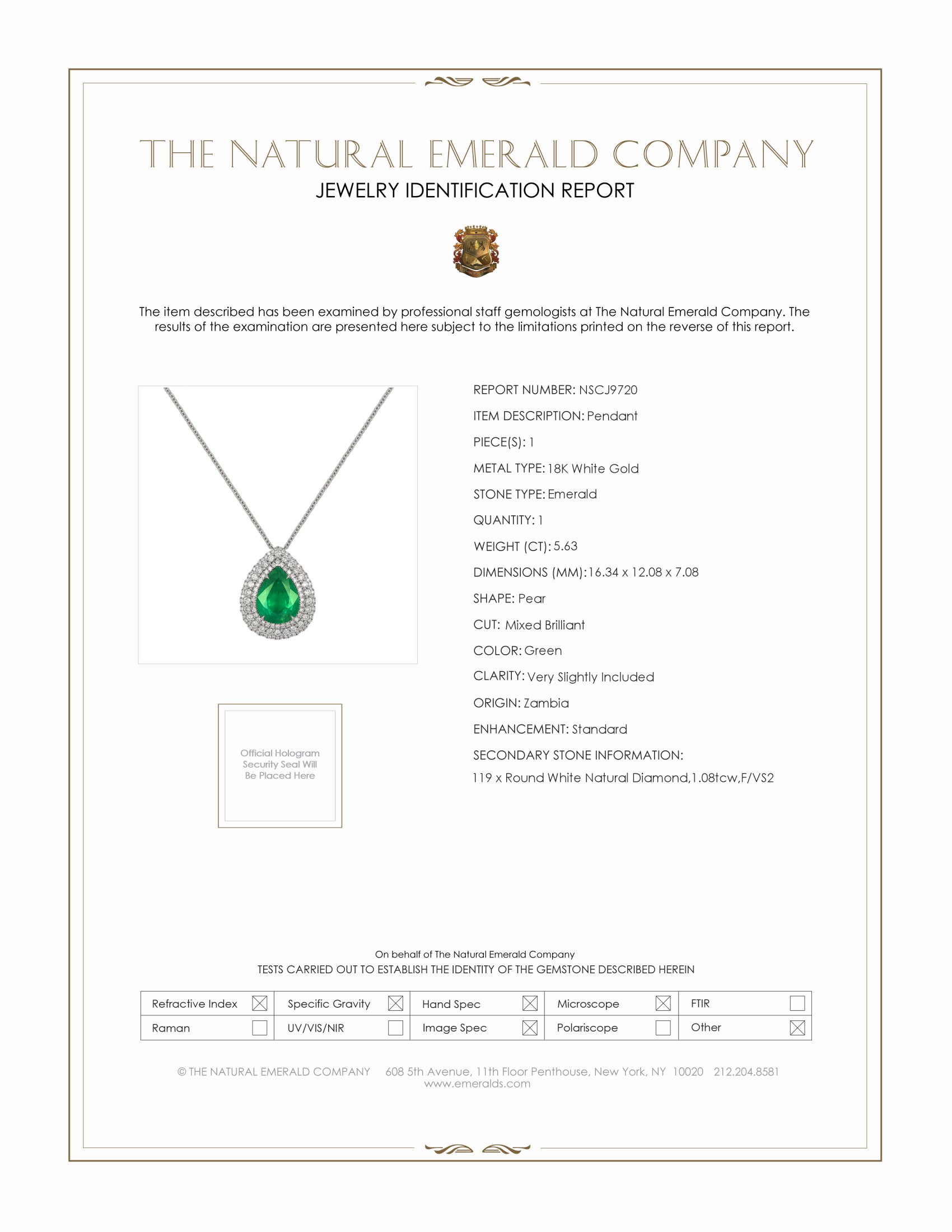 5.63 Ct. Emerald and Natural Diamond Pave Pendant, 18K White Gold