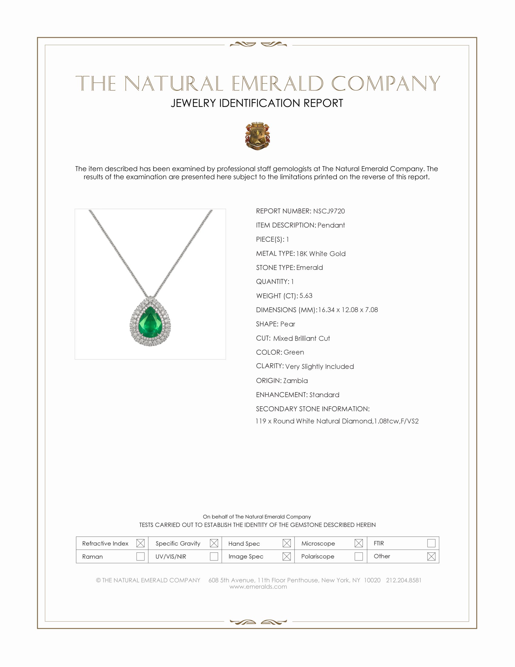 5.63 Ct. Emerald and Natural Diamond Pave Pendant, 18K White Gold