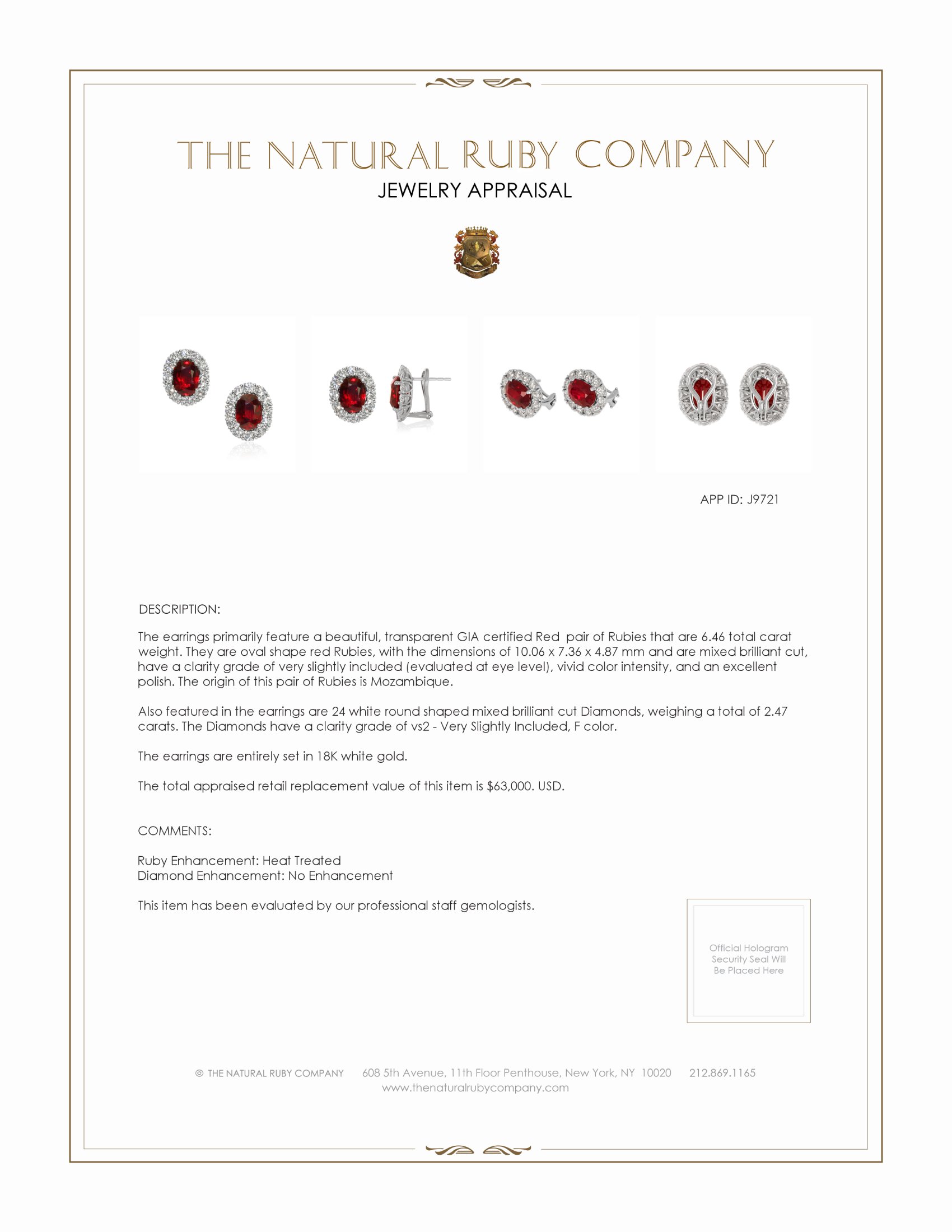 6.46 Ct.Tw. Ruby Natural Diamond Pave Earrings, 18K White Gold