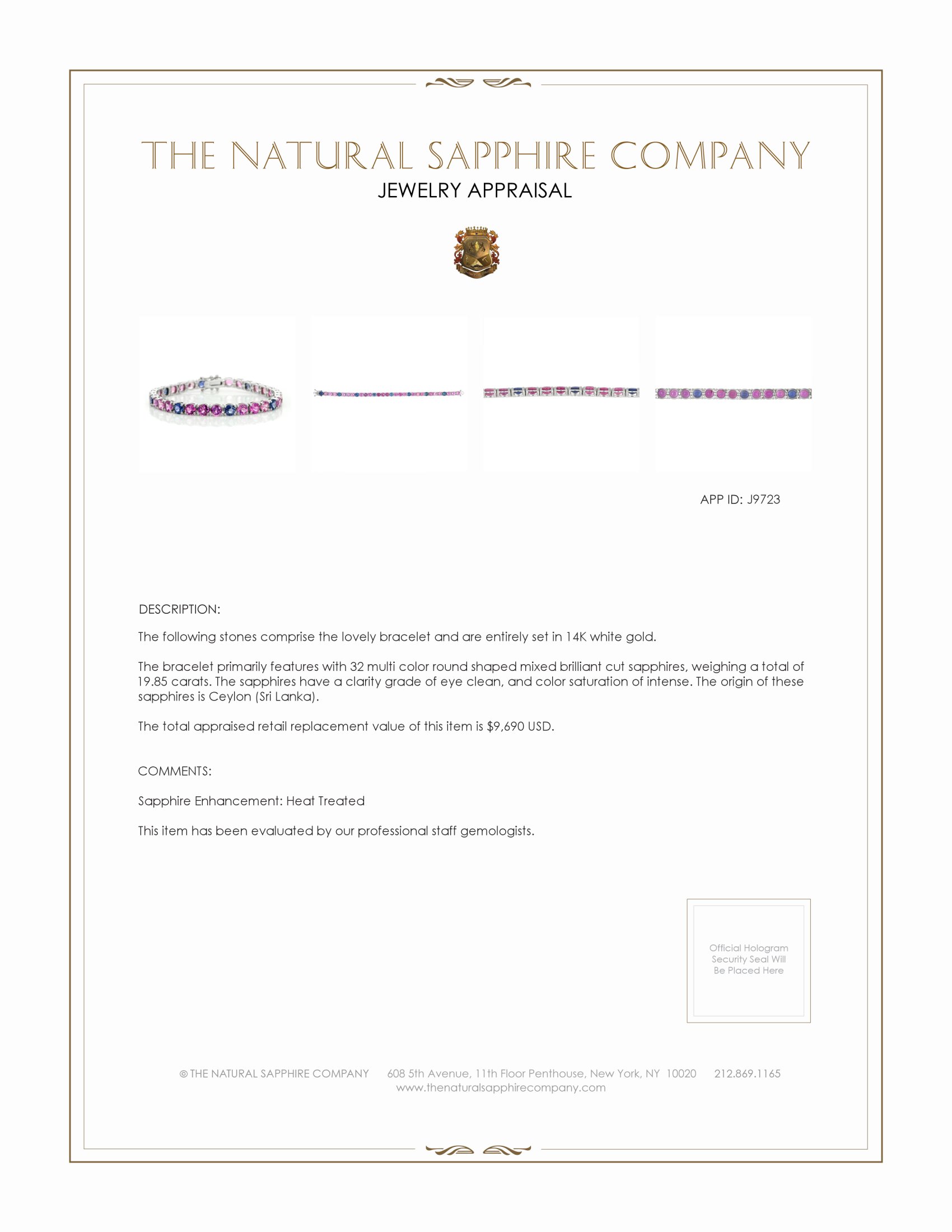 19.85 Ct.Tw. Multi Color Sapphire Pave Bracelet, 14K White Gold