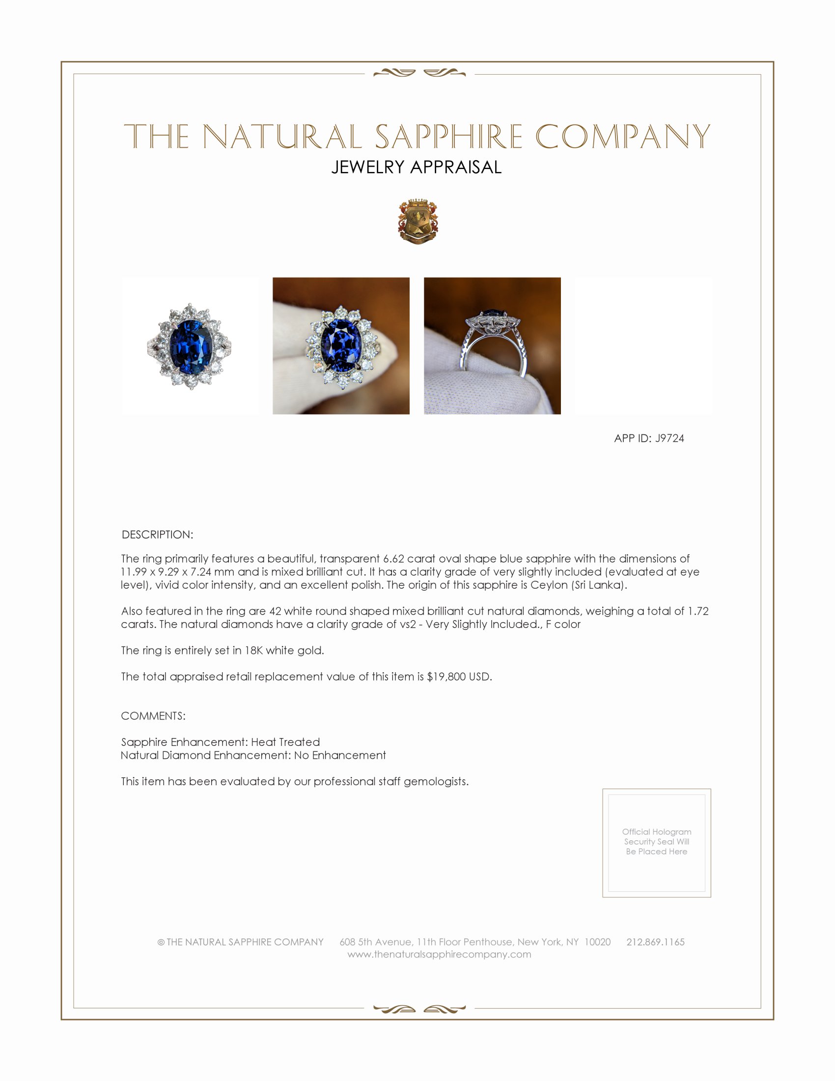 6.62 Ct. Blue Sapphire and Natural Diamond Pave Ring, 18K White Gold